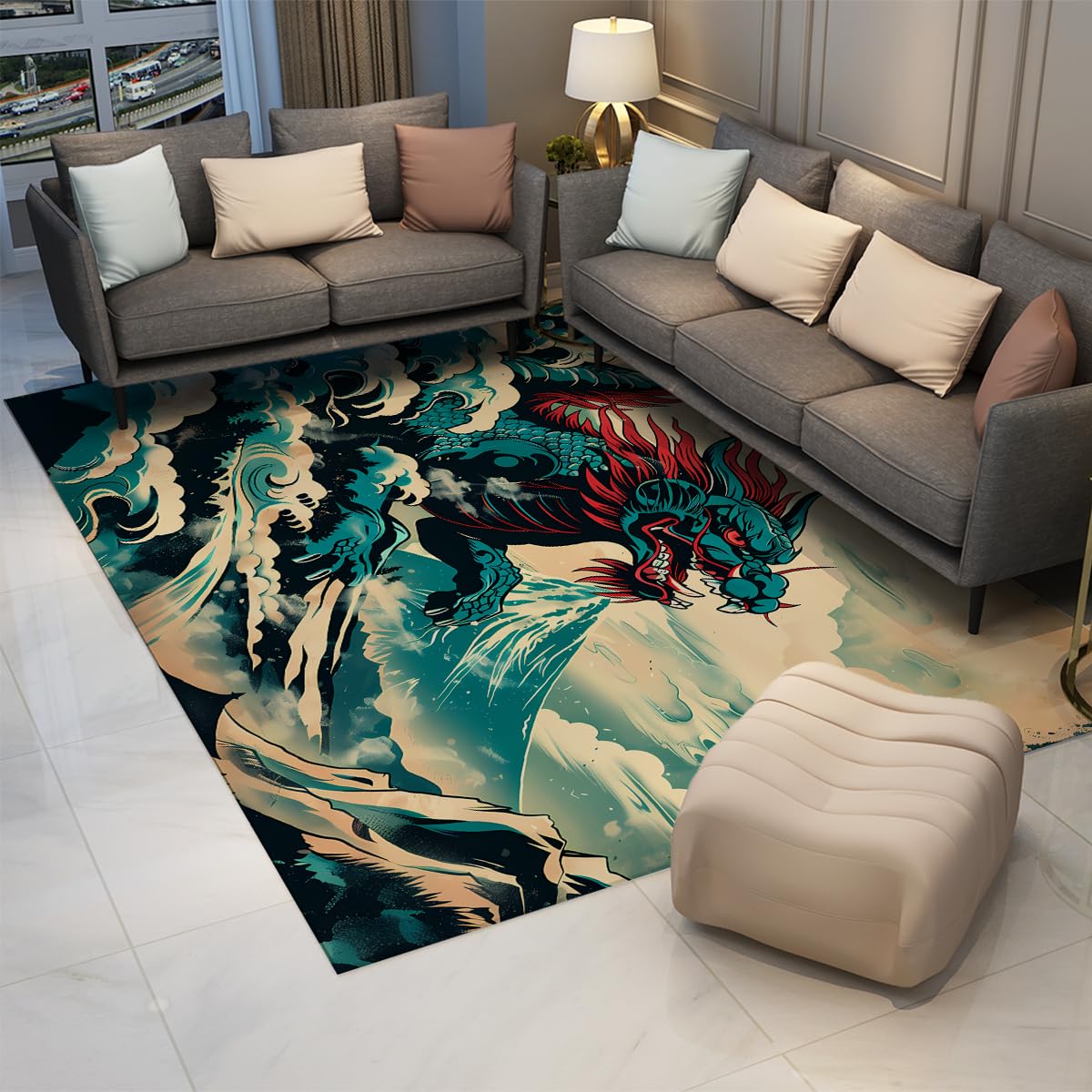 Tapis salon antidérapant 140x200cm ukiyo-e contre les glissades