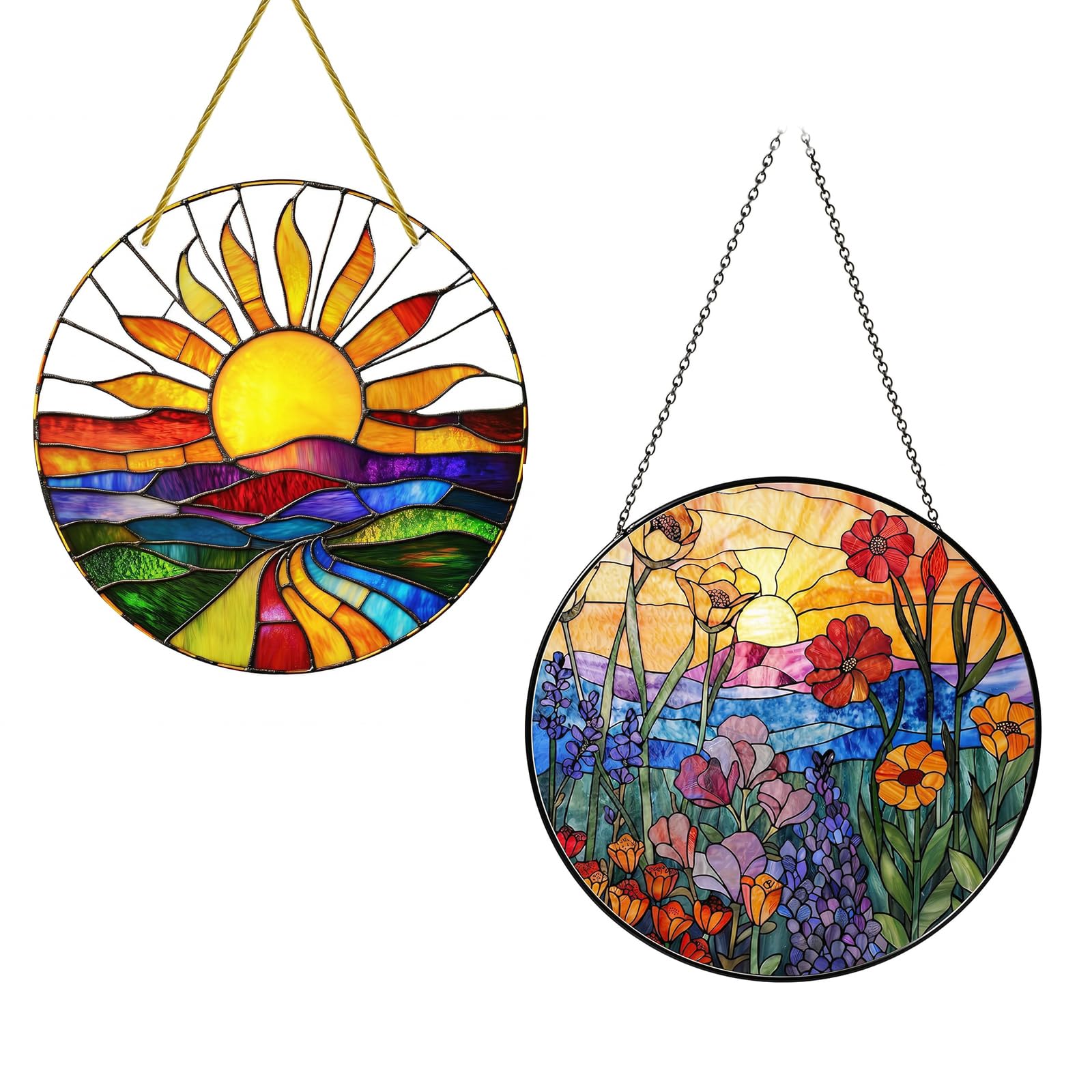 Zhuomengyun Various Colours 2 Pcs Stained Glass Suncatcher, 20×20Cm Large Sun Catchers With Chain And Hook Stained Glass Effect Acrylic Ornament Hanging Stained Glass For Bedroom Living Room Balcony Decor