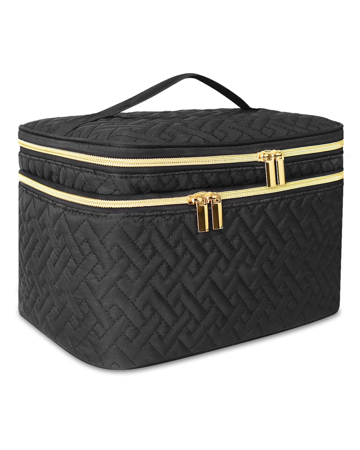 Makeup Bag Organiser for Women, Large Double Layer Cosmetic Make Up Bag with Brush Compartment, Portable and Water-Resistant Toiletry Bag Travel Essentials, Black