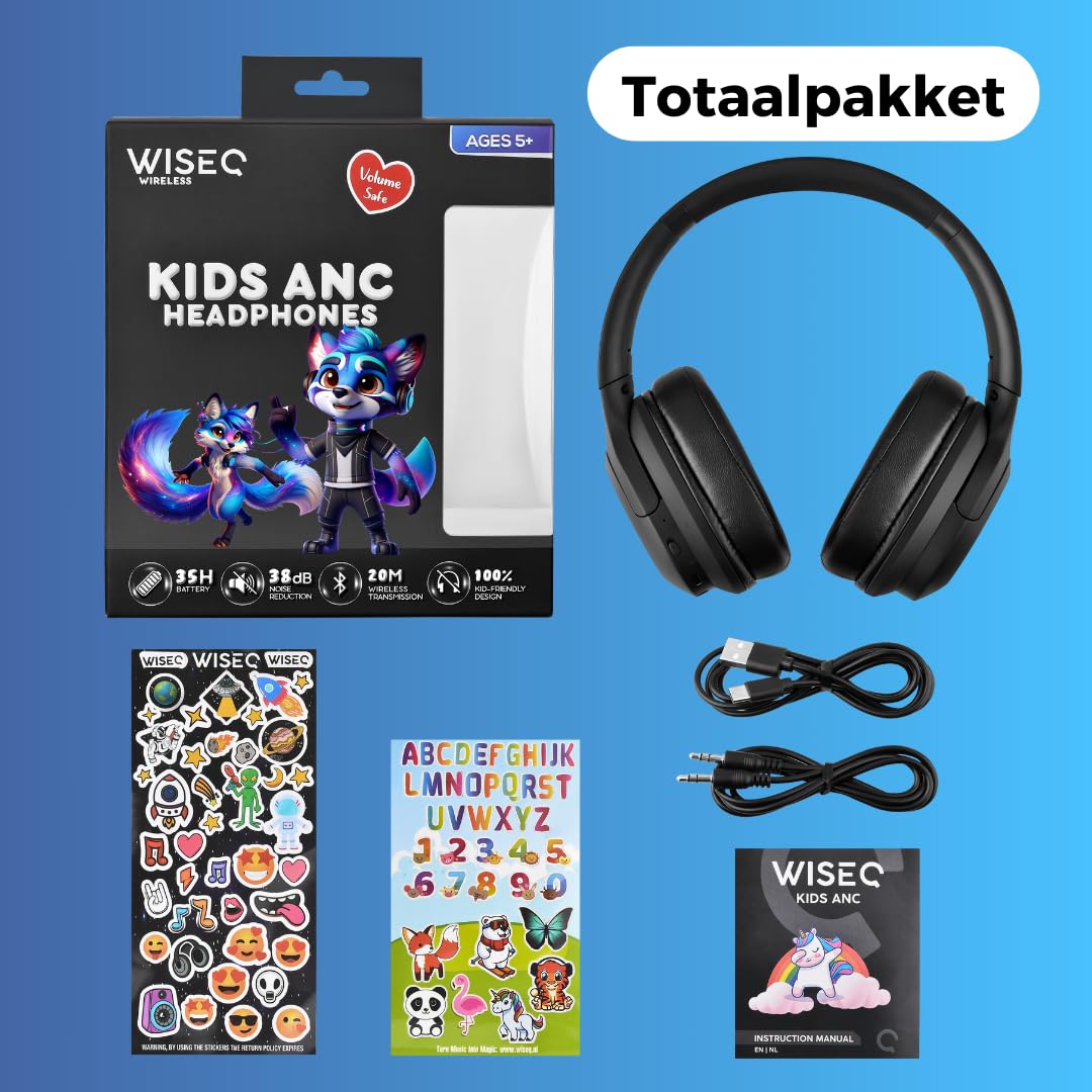 Auriculares irrompibles para niños con cancelación de ruido activa 35h de batería – Bluetooth – Inalámbrico – Auriculares Niño – Sobre la oreja - Negro