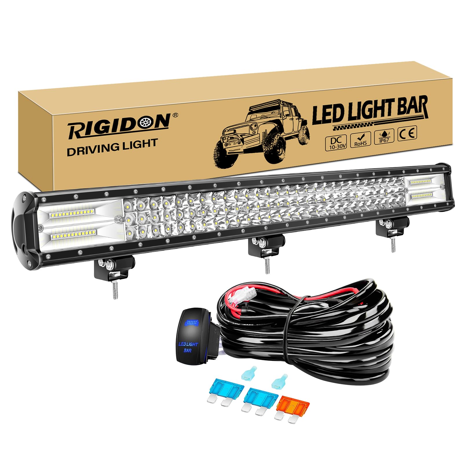 RIGIDON Barra de luz led Coche 4x4 73cm 28 Pulgadas 396W y 12V cableado Kit | tri fila barras luminosas led, lámpara de conducción, para off road camión coche ATV SUV 4x4 barco, 6000K blanco, impermeable