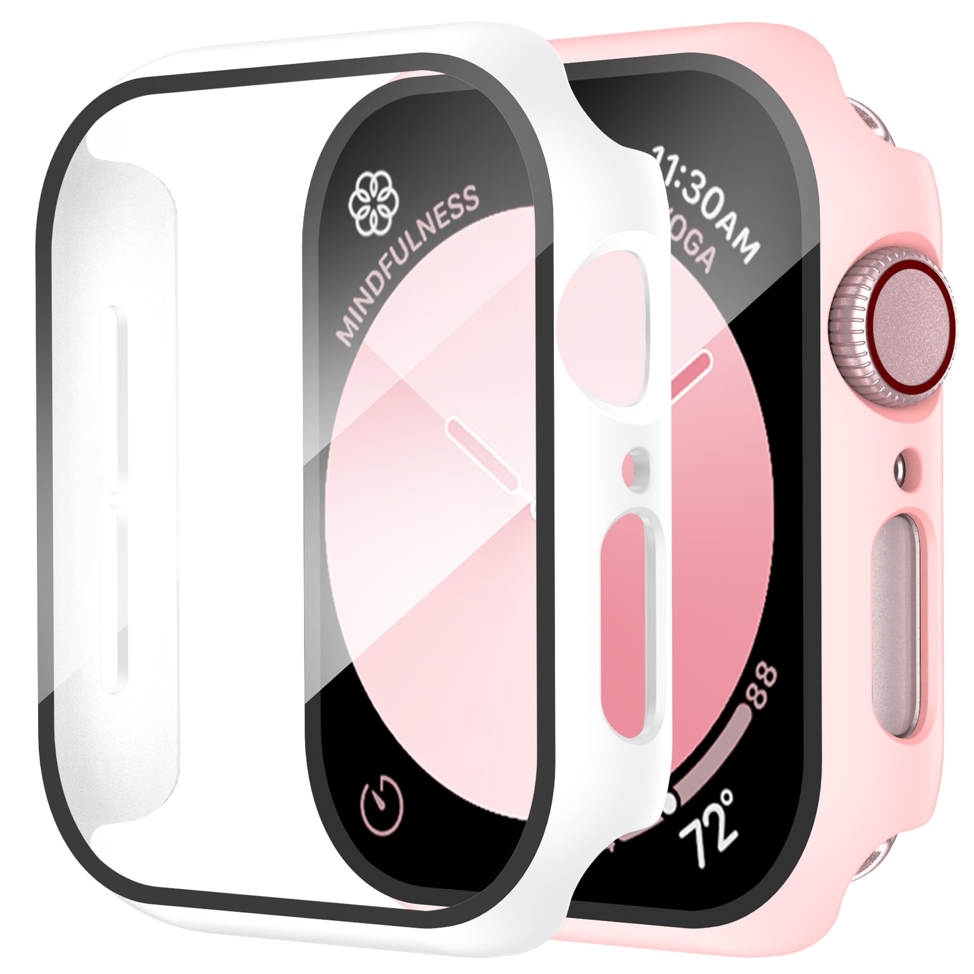 Smiling 2 Pack Case Compatible with Apple Watch SE 3 (2025)/ SE 2/ SE/Series 6/5/4 44mm with Tempered Glass Screen Protector, Hard PC Case Overall Protective Cover- 1 Sand Pink + 1 White