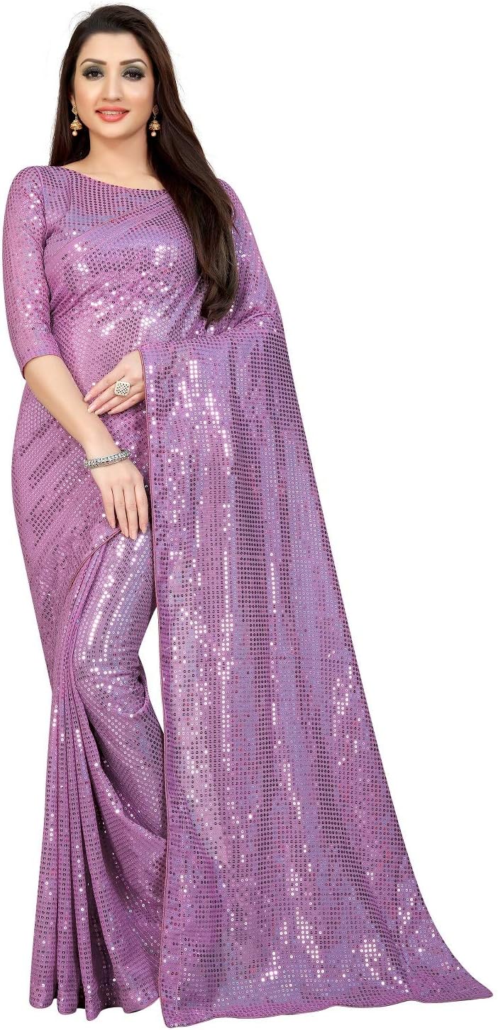 Indian Decor & Attire Bollywood Style Sarees Georgette with Heavy Sequence Work Saree with Unstitched Blouse for Party wear (Onion)