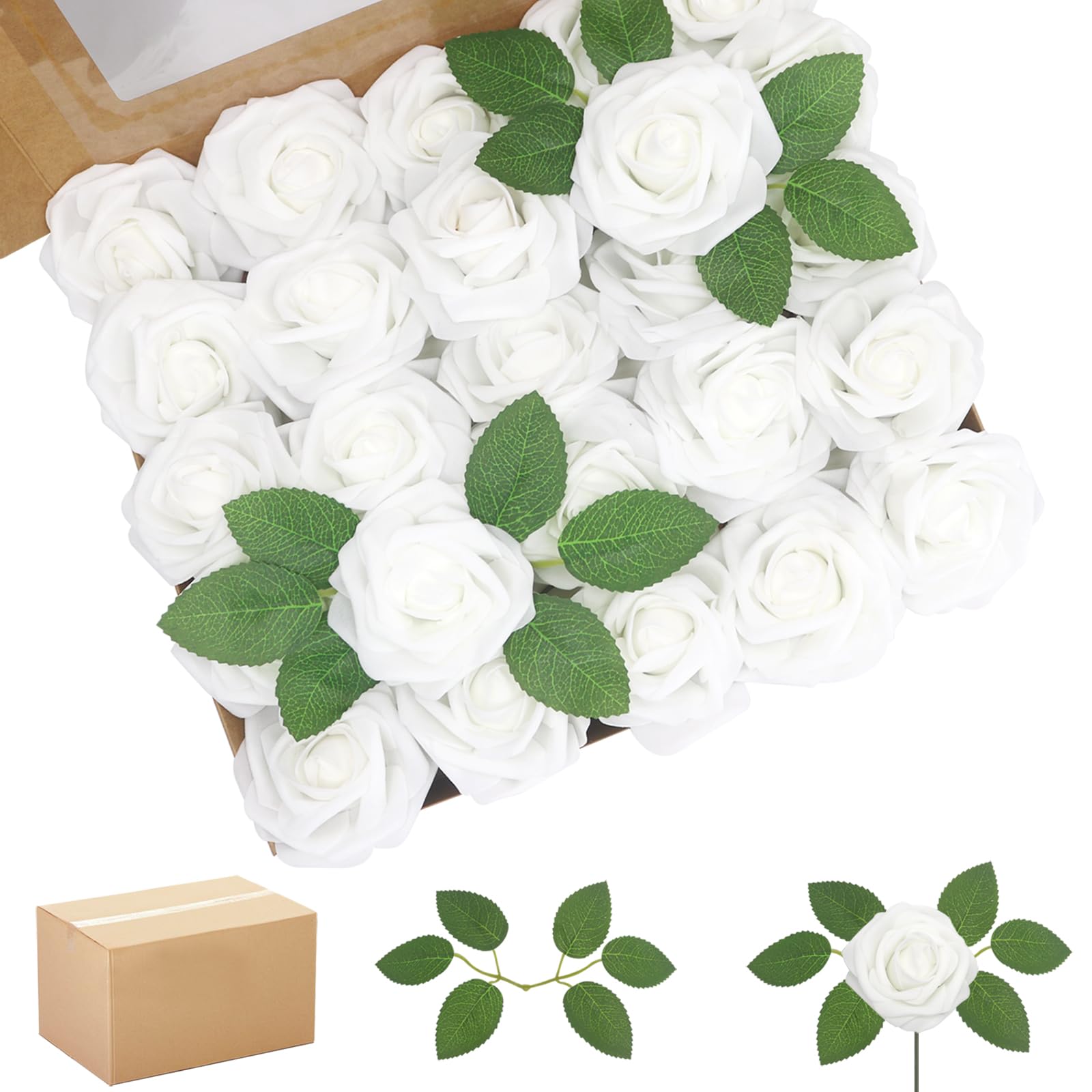 Photo 1 of WANTMAZOR 200PCS White Latex Foam Roses with Stems and Leaves