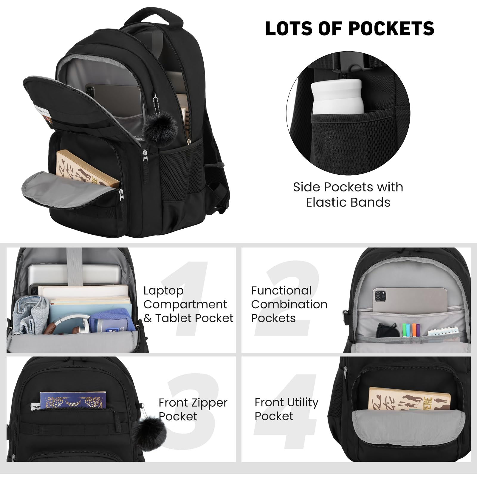 YAMTION Sac à dos noir pour homme et femme, sac à dos de voyage pour ordinateur portable de 15,6", sac d'école avec grande capacité, sac à dos décontracté pour adolescents, garçons et filles, collège