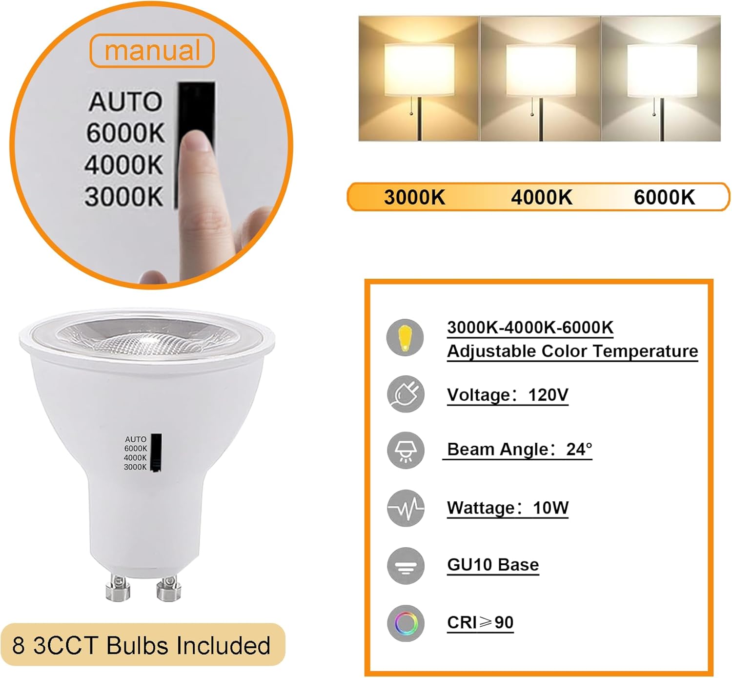 8PCS LED Track Lighting with Advanced Replaceable GU10 Bulbs, Switchable 3CCT(3000K/4000K/6000K) and Dimmable Brightness(20%-100%), Versatile Ceiling Spotlight Fixtures for Any Space