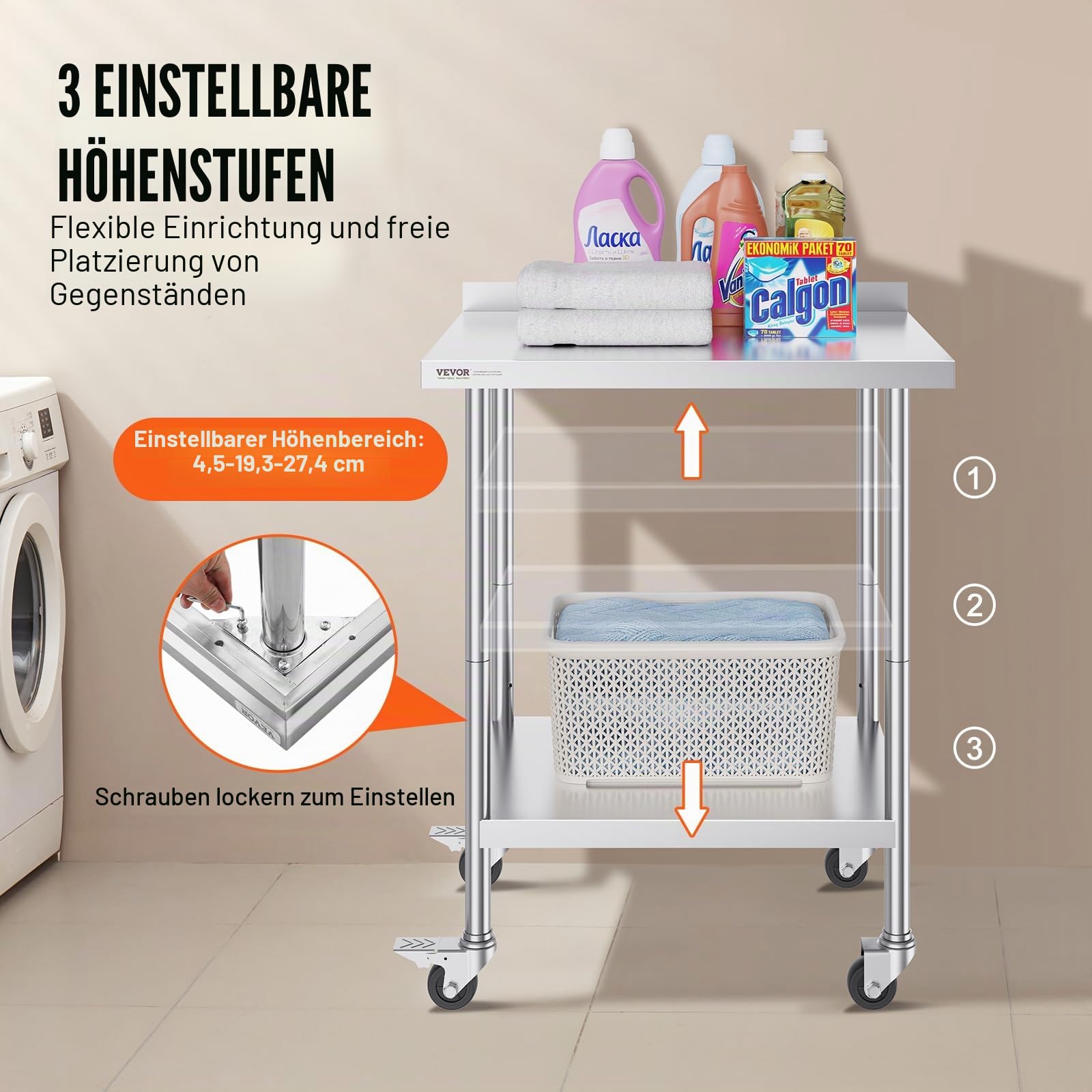VEVOR Edelstahl Arbeitstisch Küche, kommerzieller Lebensmittelzubereitungs Küchetisch mit Rollen, 61 x 76 x 100 cm
