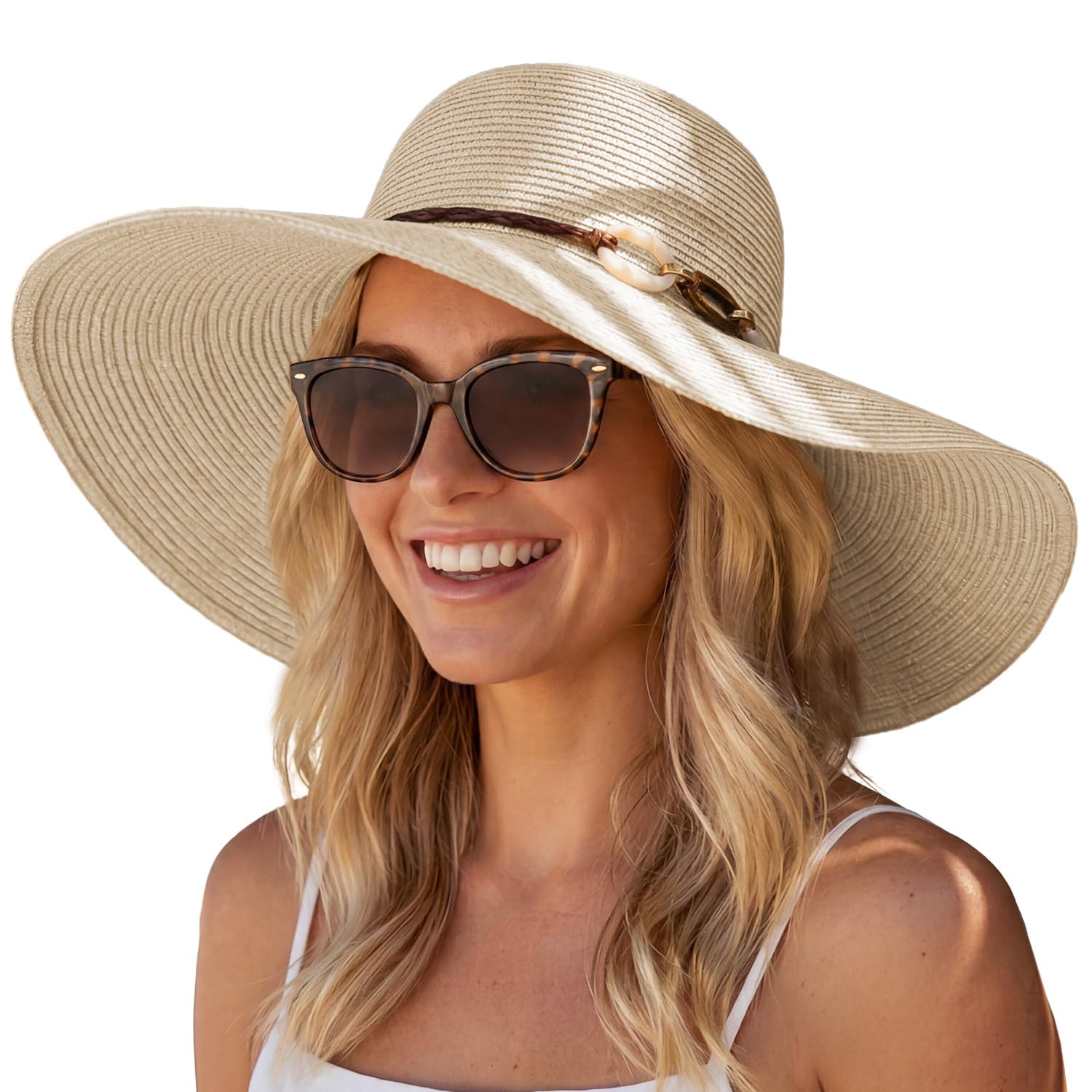 Hat Hut Women's Beige Wide Brim Straw Sun Hat Upf 50+ Uv Protection Packable Floppy Beach Sun Hats For Summer (Uk, Alpha, L, )