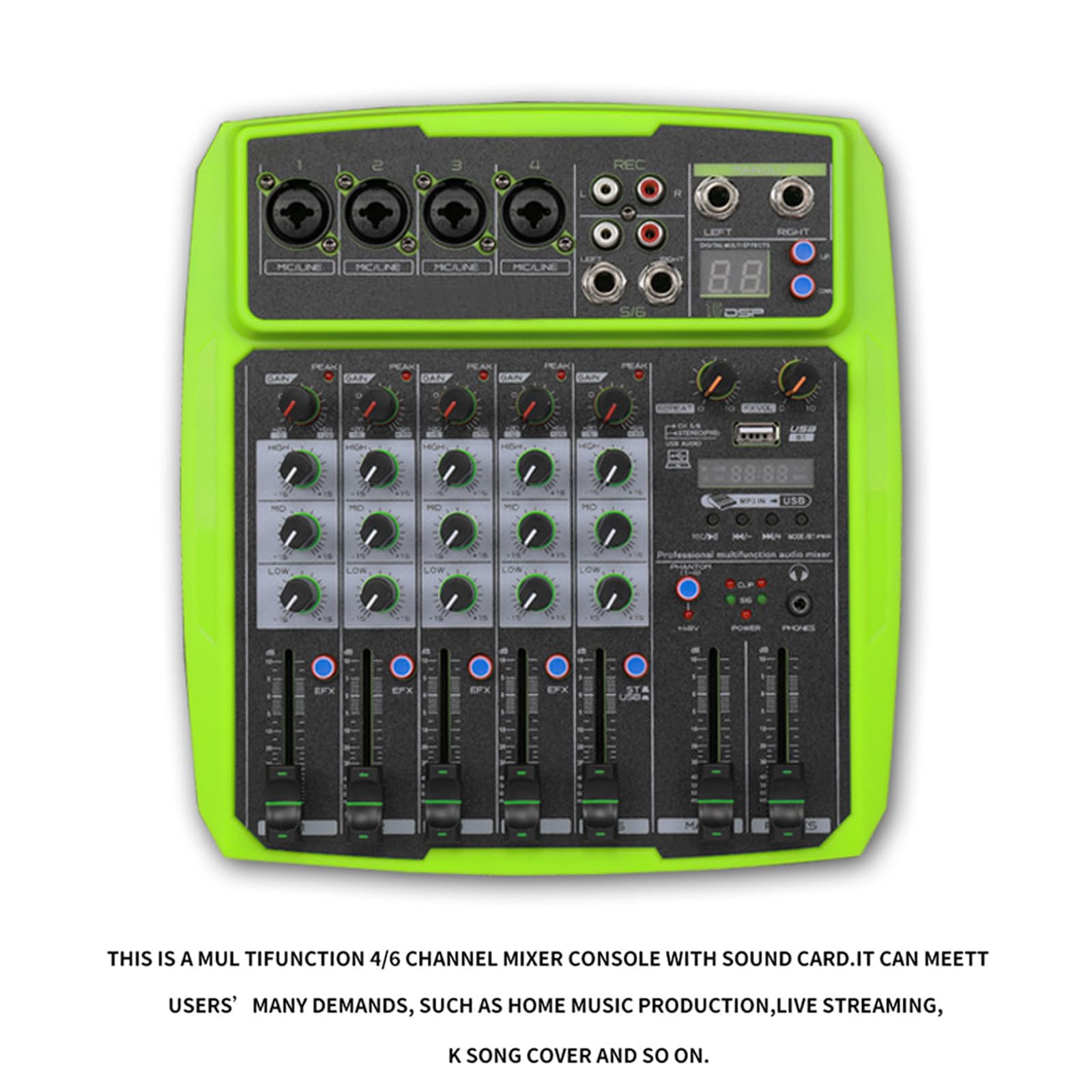 Mezclador de audio de 6 canales con Bluetooth, procesador de reverberación, alimentación Phantom de 48 V y 16 efectos DSP para transmisión en vivo, podcast y juegos