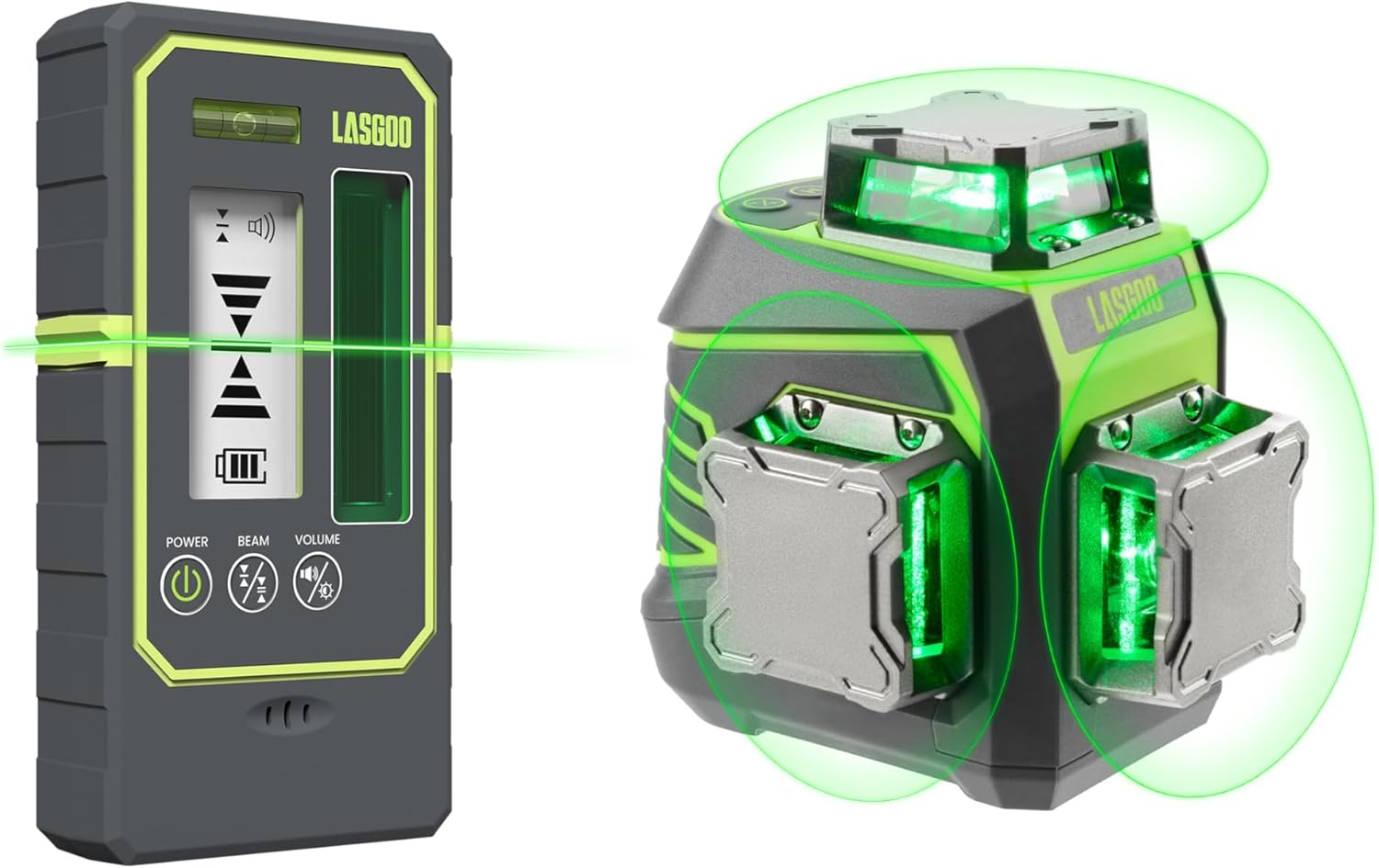 LasGoo Laser Level 3x360° Self Leveling, 3D Green Cross Line Laser for Construction and Picture Hanging,LasGoo LG-REC03 Laser Detector for Laser Level