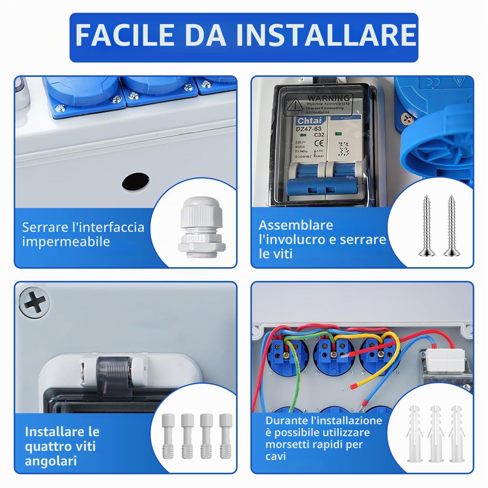 Cofanetto Elettrico di Cantiere 250V, 16A Distributore a Parete con Interruttore Automatico, 6 Prese, IP54 Impermeabile, Distribuzioni di Corrente Cantiere di Costruzione per Interni ed Esterni