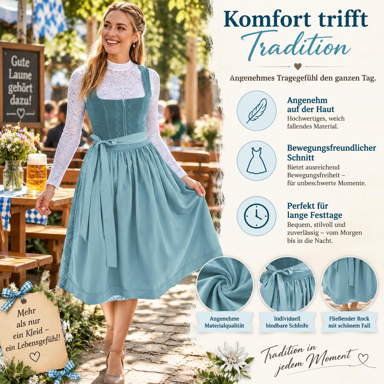 Generisch Dirndl Damen – Trachtenkleid für Oktoberfest mit Schürze, Wiesn Outfit,ohne Bluse