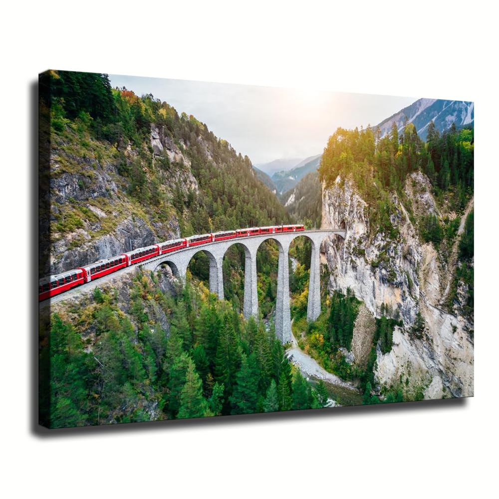 Train crossing bridge Switzerland Modern Landscape Wall Art, Swiss Alps Red Express Canvas Print, Mountain Forest Nature Photography Poster, Landwasser Viaduct Scenic Decor for Living Room, Office (Framed,20x30in(50x75cm))