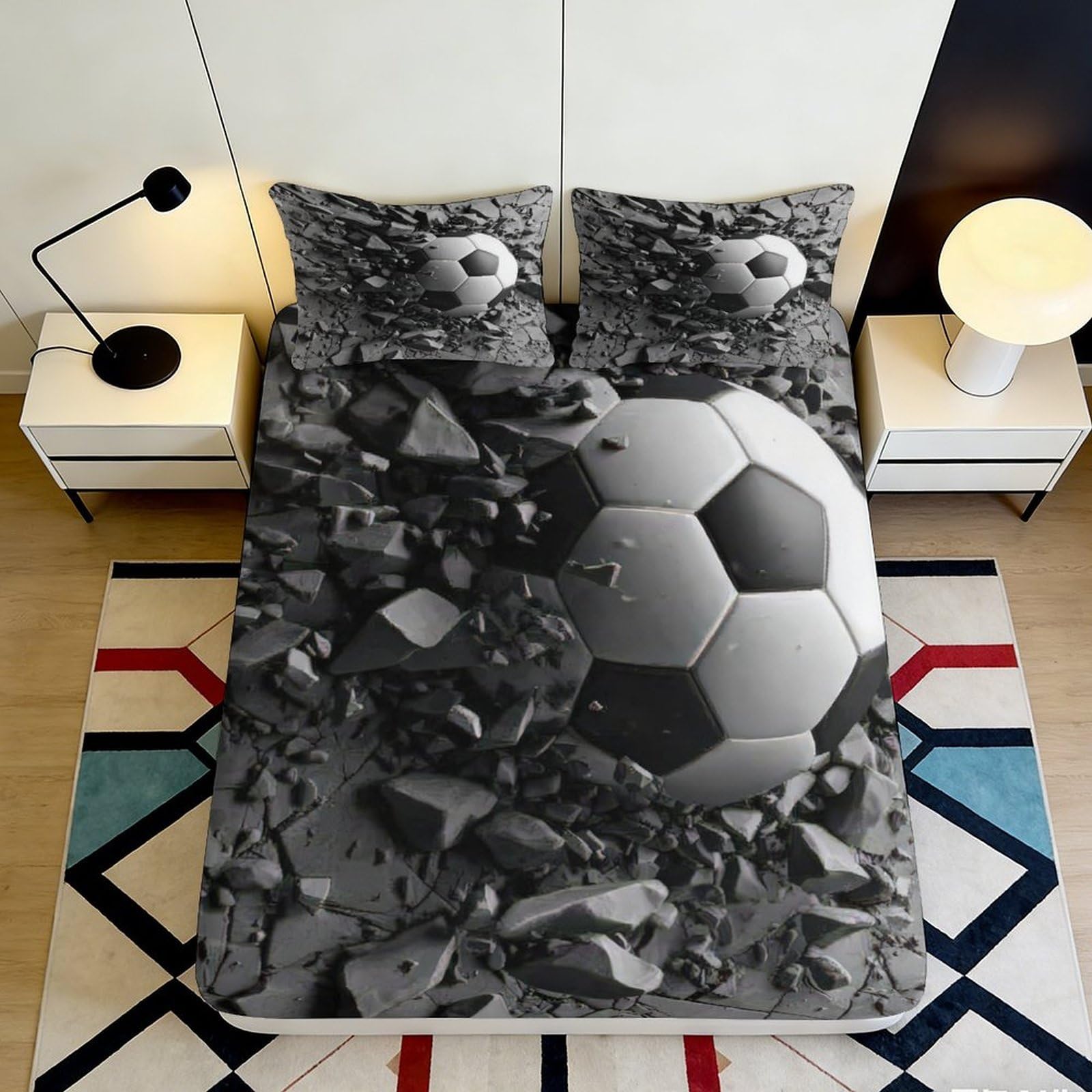 3D Printed Cracked Stone Soccer Fitted Sheet Microfiber Soft Non-slip Bed Cover for Bedroom Dorm Mattress Decor 90x200x25cm