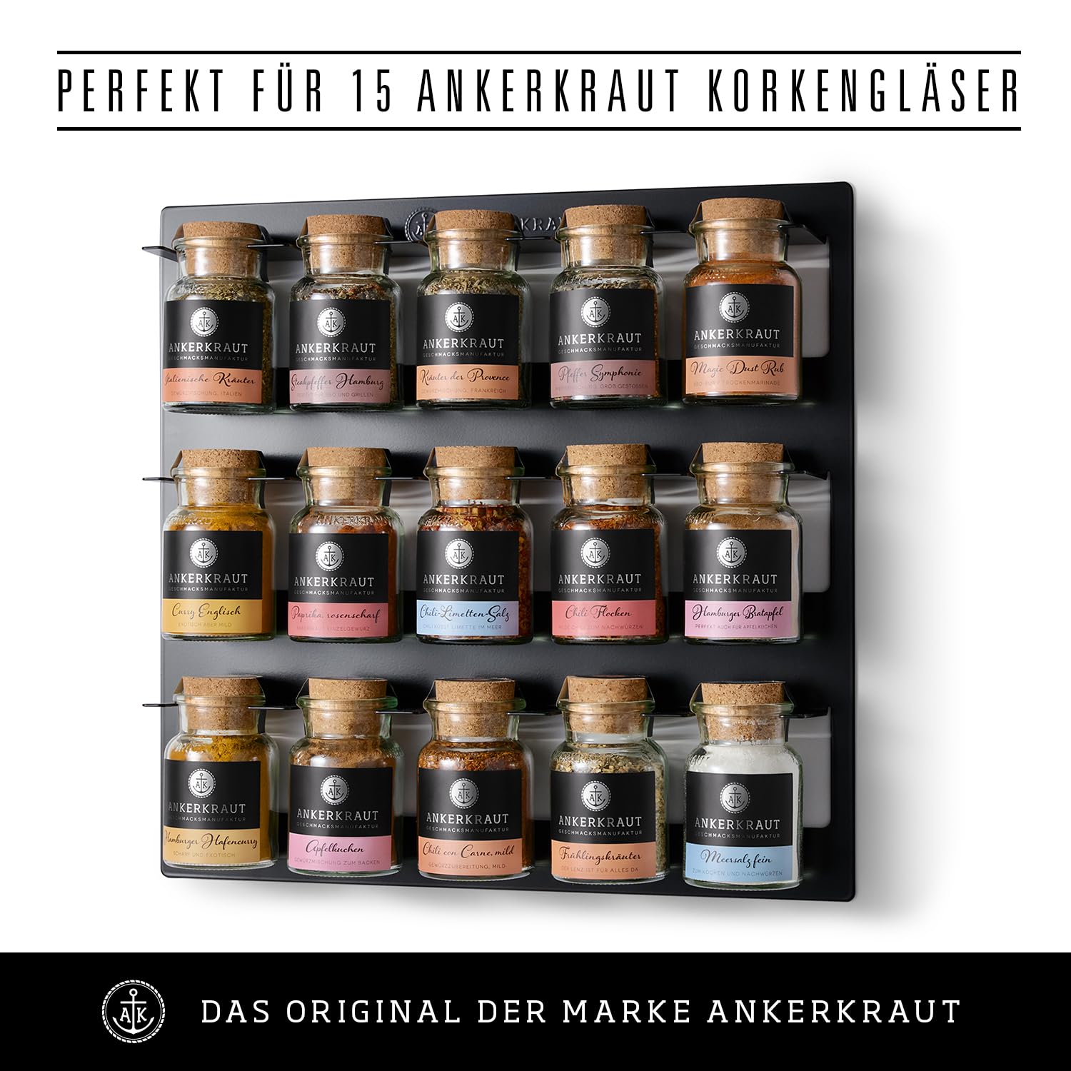 Ankerkraut 15er Gewürz-Regal, Gewürz-Organizer aus Metall, original passend für 15x Gewürzgläser, einfache Montage inkl. 4x Dübel und Schrauben, Made in Germany