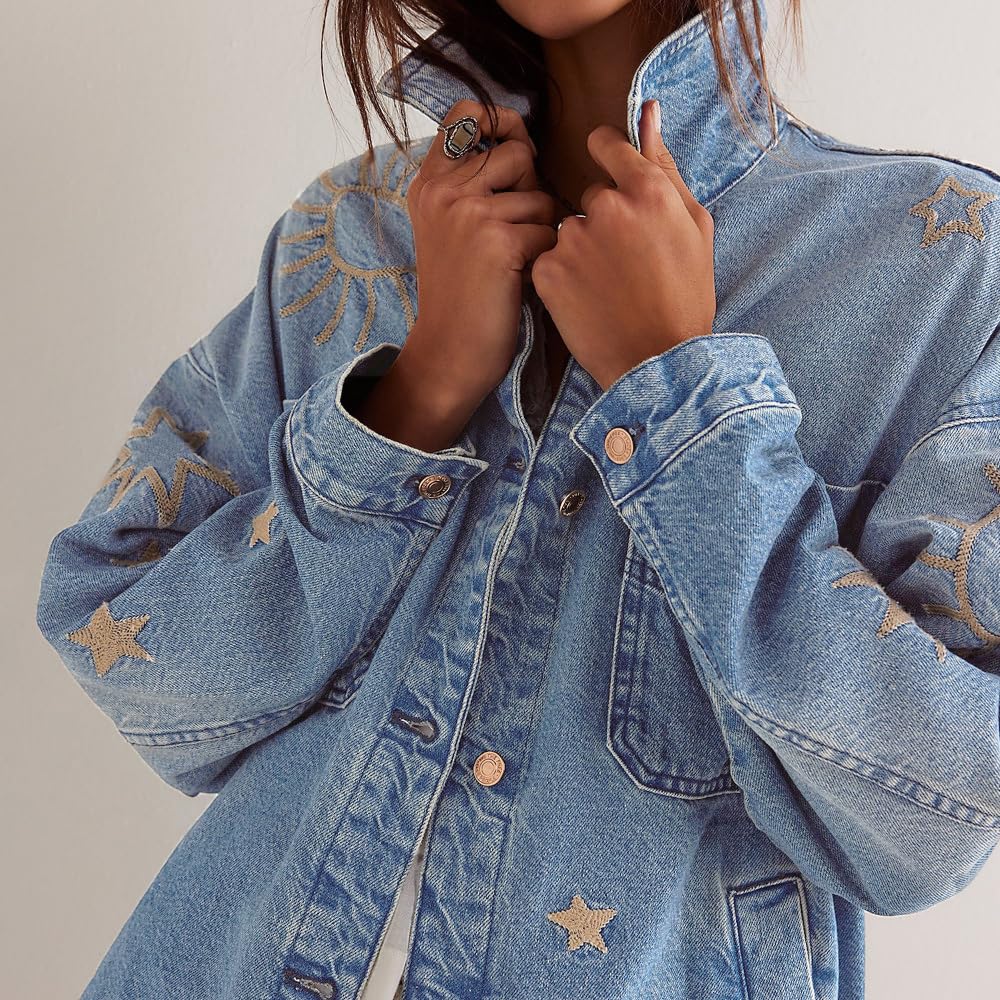 utcoco Chaqueta de mezclilla vintage de gran tamaño para mujer, bordada, casual, holgada, con botones