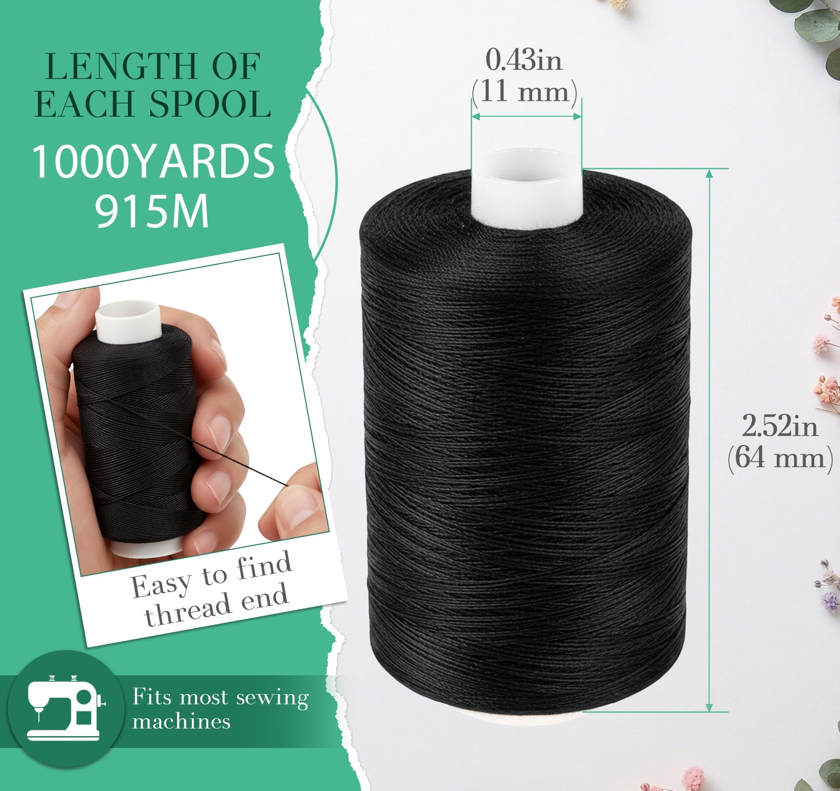 Hilo para coser, hilo de coser negro, 1000 yardas por carrete, hilo negro de poliéster, hilo multiusos, surtido de hilos para máquina de coser para coser a mano con enhebradores de aguja y