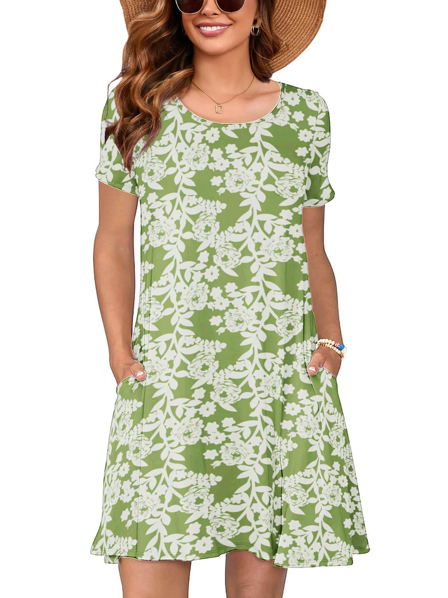 Heymoments Summer Dresses for Women Short Sleeve Crewneck Swing Sundress Casual A-Line Flowy Dress with Pockets S-2XL