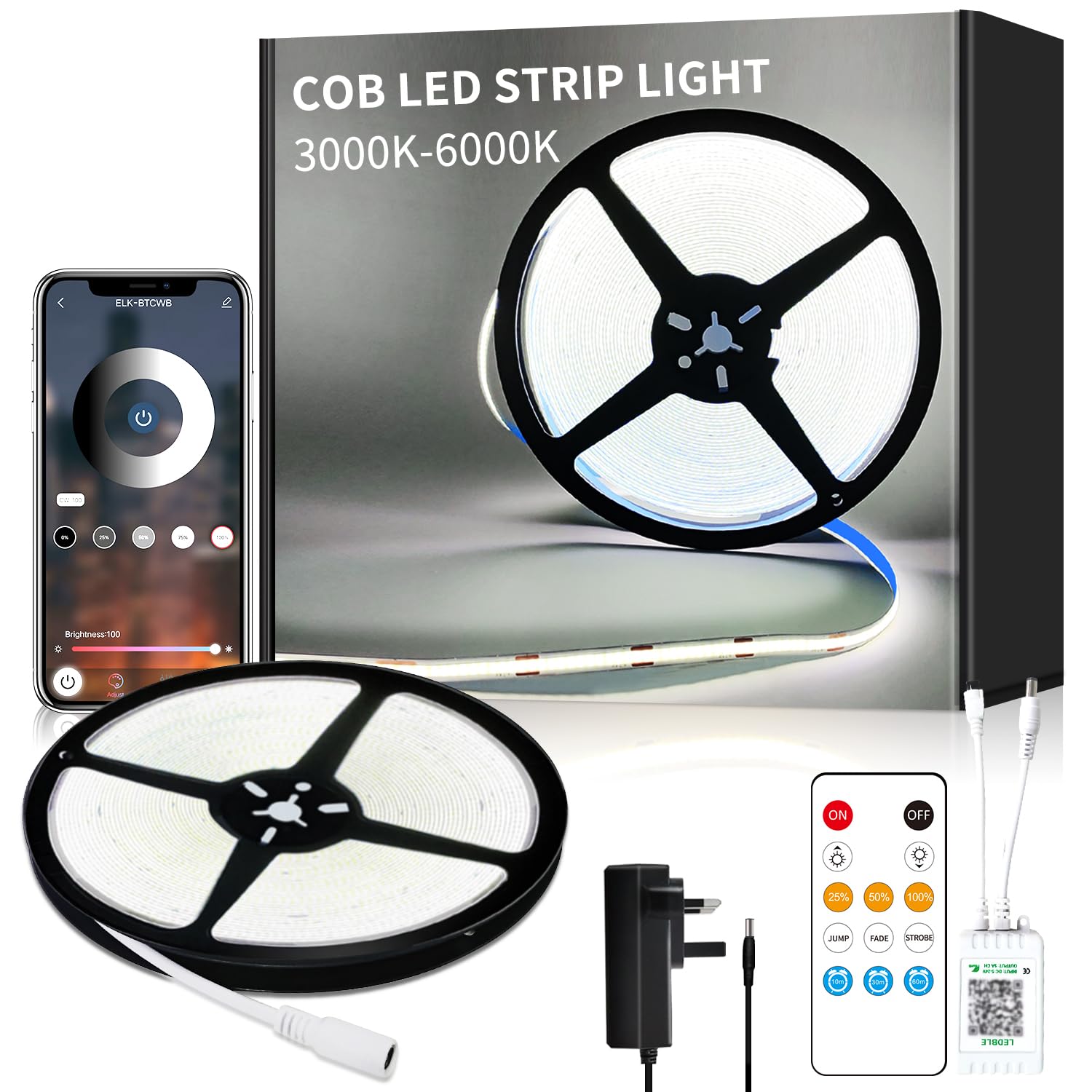 Yeewhale 24V COB LED Strip Lights 6000K 10M Dimmable White LED Strip Kit, with Remote and app Control and UKCA Power Supply LED Tape Lights CRI90+,for DIY Home Decoration โ image 1