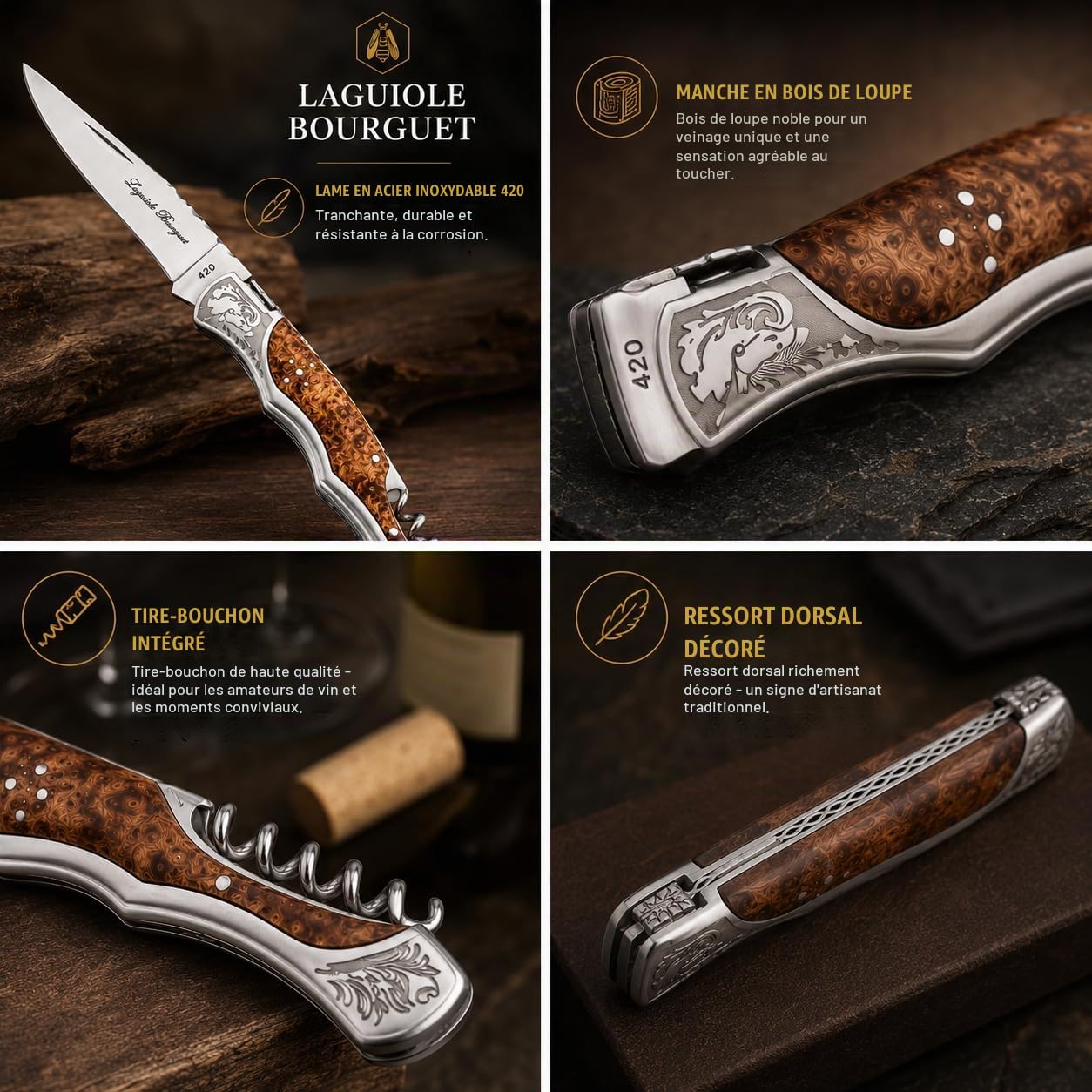 Couteau Pliant Manche en Bois – Couteau de Poche pour EDC & Outdoor