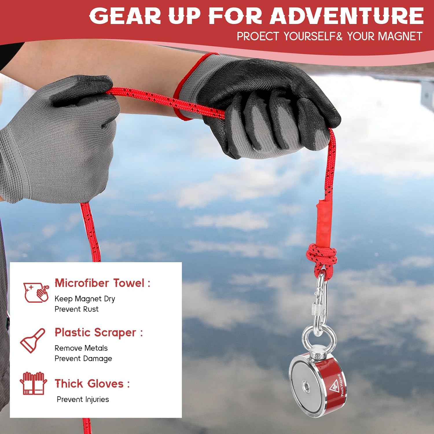 DTLHCNCT 1250LB’s Double-Side Magnet Fishing Kit,Strong Neodymium N52 with Rope, Carabiner, Gloves, Rope Winder,Grappling Hook&Carrying Bag,11 Piece Complete Set Fishing Magnet Kit