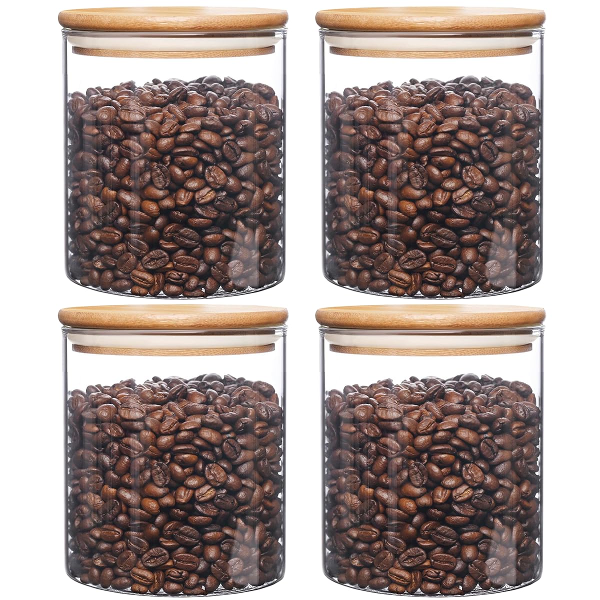 Pykrudo 4 Pack Glass Storage Jars with Airtight Bamboo Lid, 750ml Round Glass Kitchen Canisters, Clear Container for Coffee Bean Storage, Dry Goods, Cookie, Candy, Tea, Spices