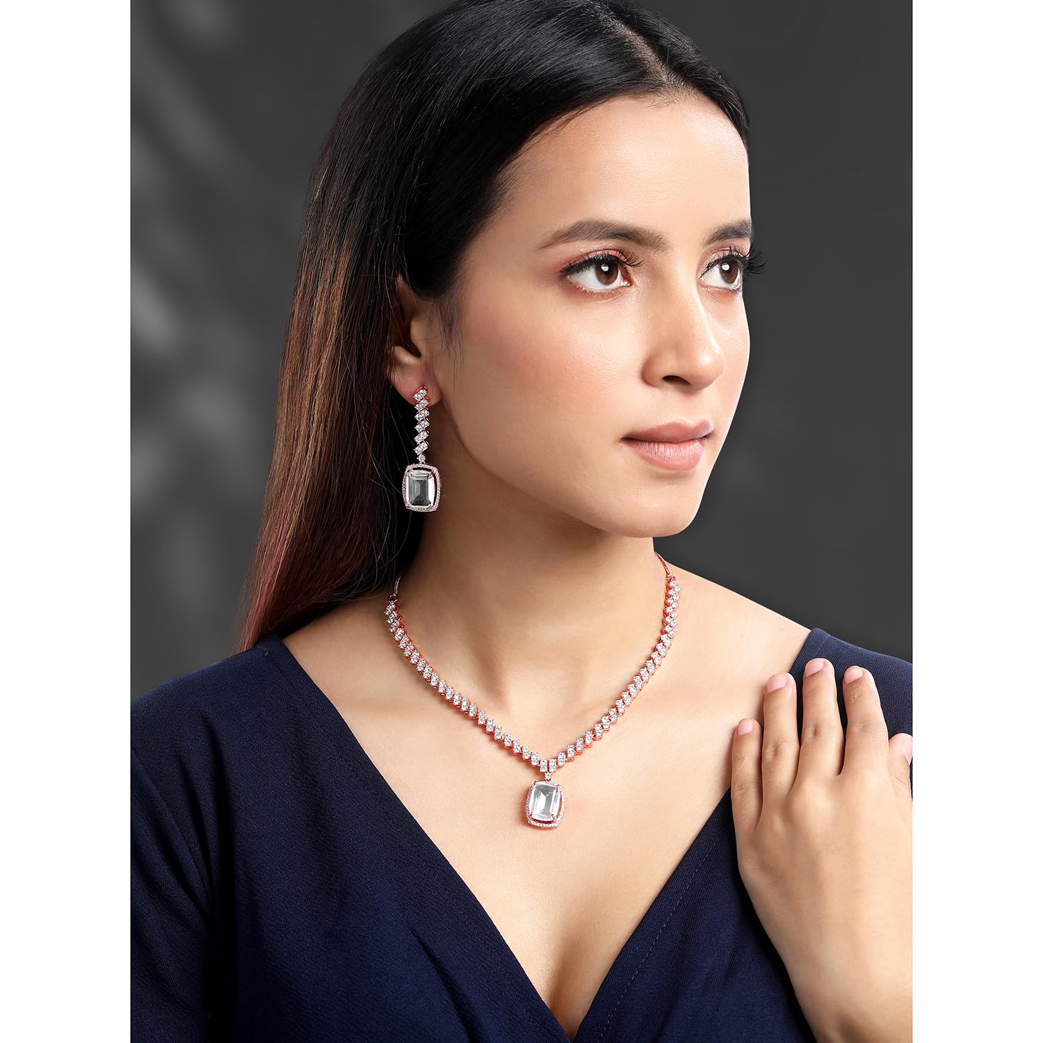 Plated Cubic Zirconia & Crystal Necklace & Drop Earring Set