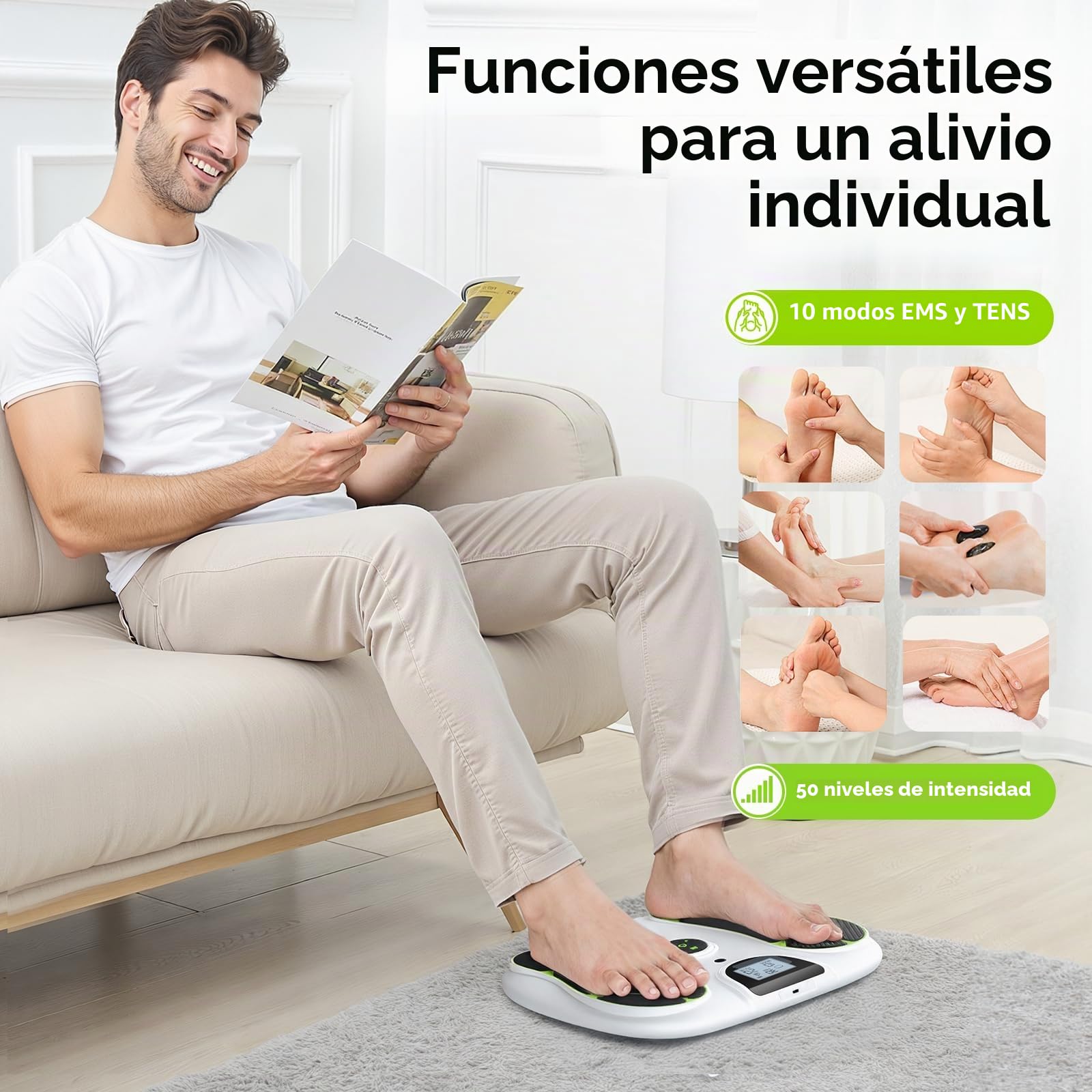 Estimulador circulatorio AUVON TENS y EMS para el dolor y la circulación, 10 modos, 50 niveles de intensidad, 4 h de batería, masajeador de pies EMS para un alivio sin medicamentos