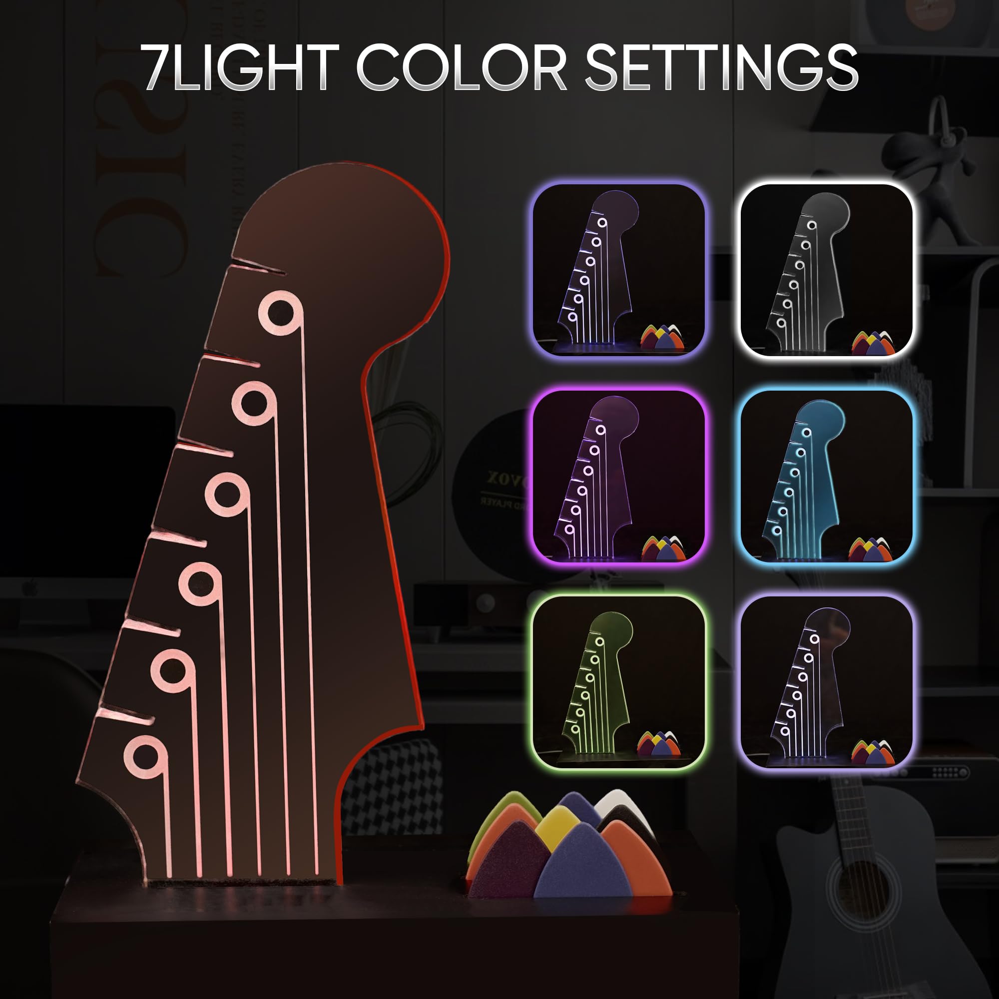 Soporte para púas de guitarra iluminado: diseño de cabezal de guitarra eléctrica, luces que cambian de 7 colores, regalos de guitarra para los amantes de la música, exhibición de púas de guitarra con