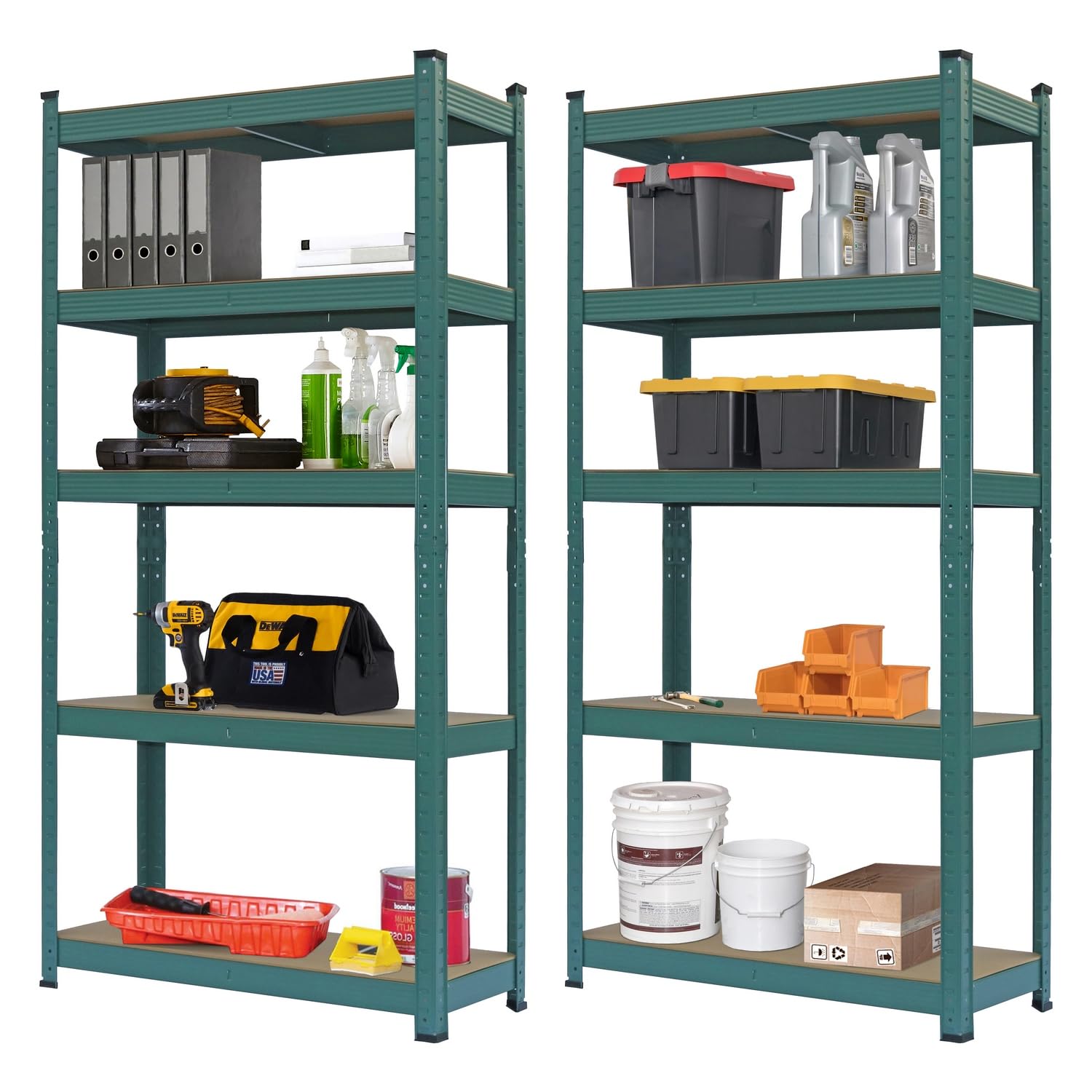 Brigros - Set Scaffali In Metallo 150x75x30cm Portata Totale 875 Kg, 5 Ripiani MDF, Carico Per Ripiano 175 Kg Scaffale Salvaspazio Per Garage, Officina, Cantina, Magazzino (Verde)