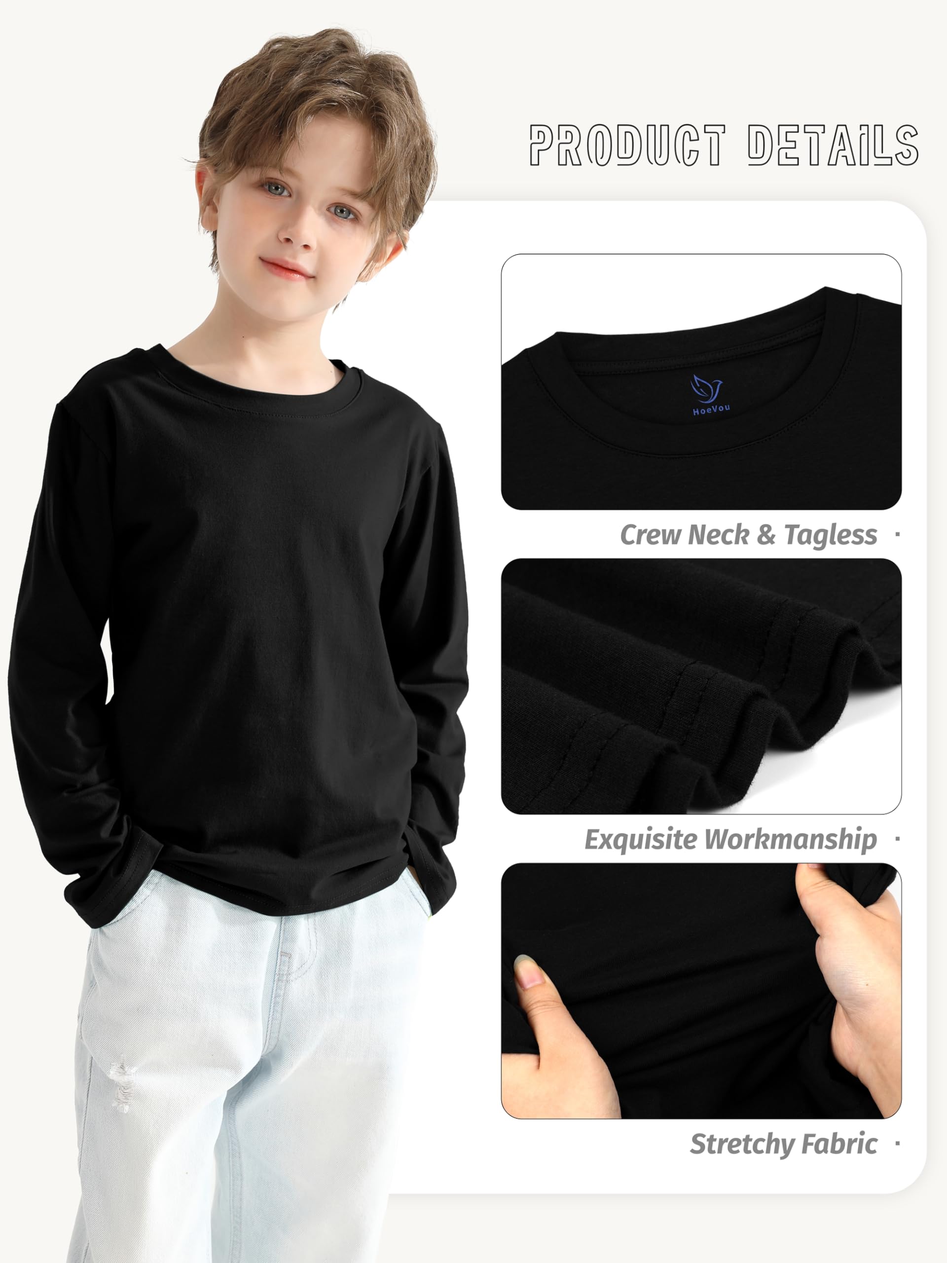 HoeVou Paquete de 5 camisetas de manga larga para niños, camisetas de algodón para jóvenes y niños, camisetas básicas sin etiquetas