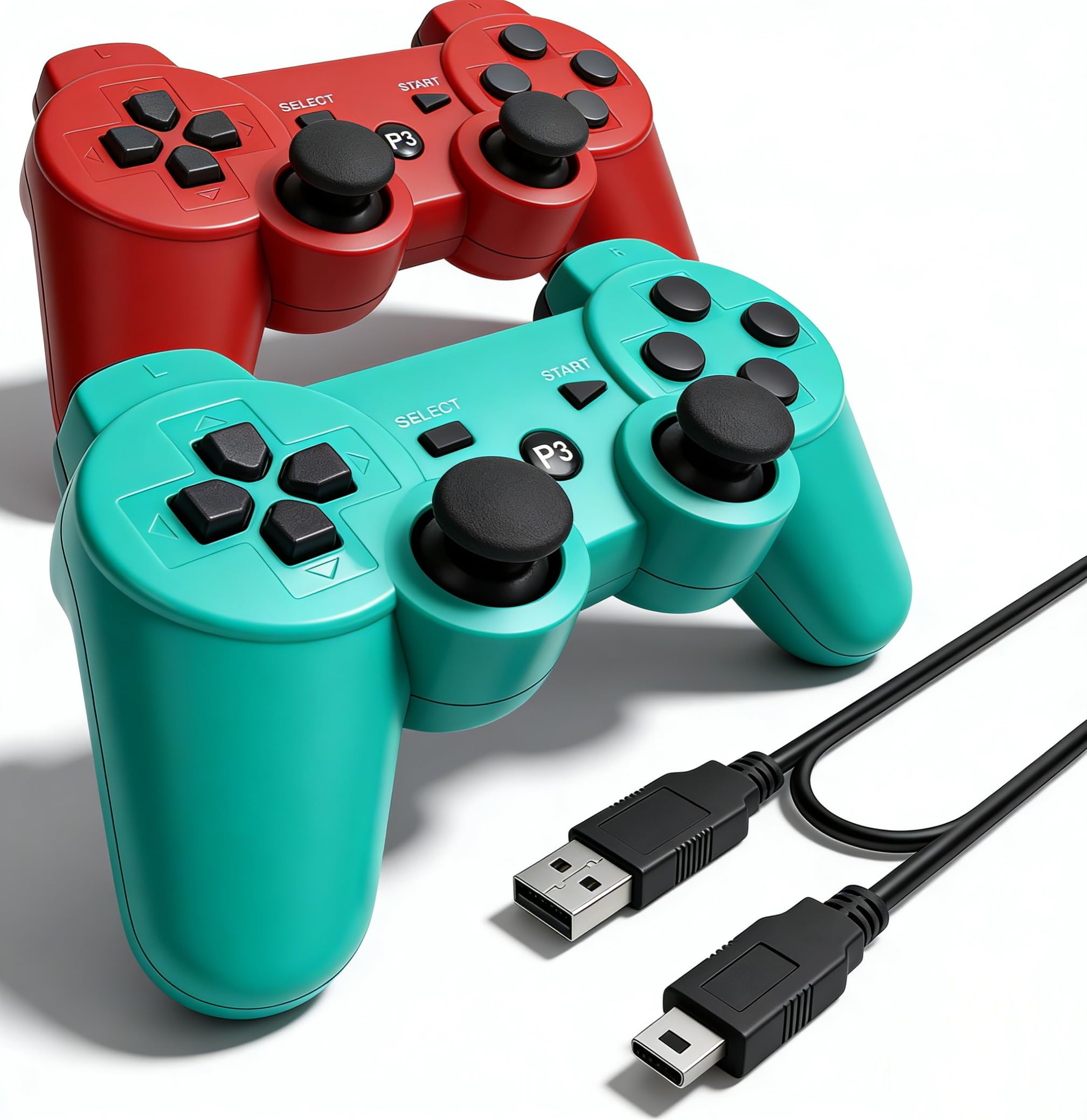 ＲＵＥＩＵＲＩ PS-3 Controller 2 Pack [2025 NEWEST] PS-3 Wireless Controller Playstation 3 Controller Wireless Bluetooth Gamepad with USB Charger Cable for PS-3 Console (Red+Green)