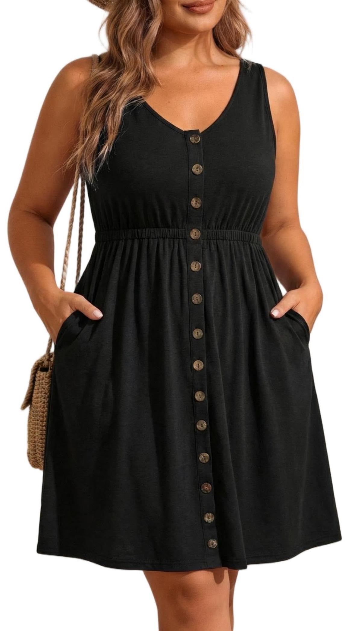 Holipick Women's Plus Size Summer Dresses for Women Casual Dress with Pockets A-Line Swing Button Down Sleeveless V Neck