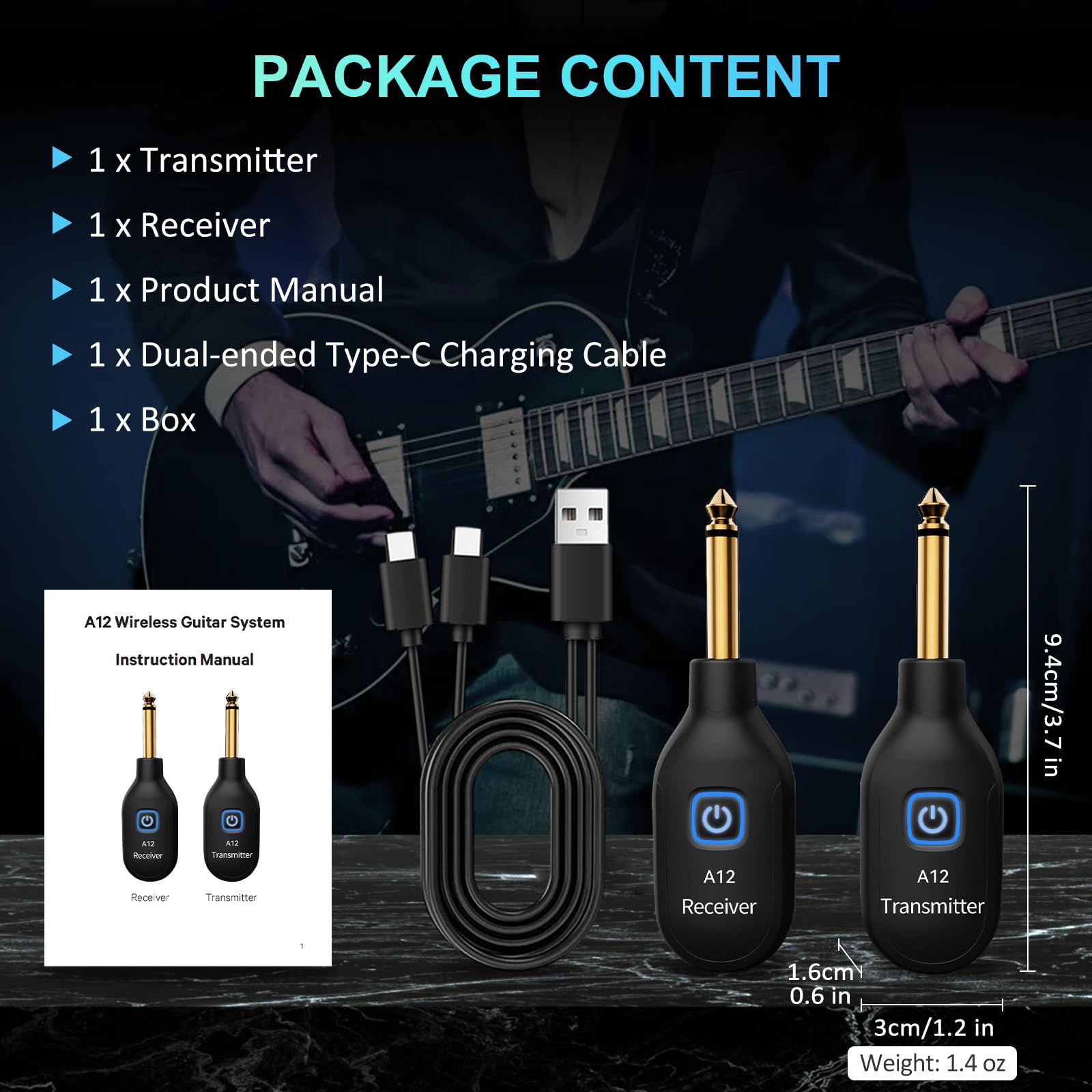 Sistema di chitarra wireless A12, 2,4 GHz, 2 modalità, dimensione pollice, batteria ricaricabile agli ioni di litio, portata 100 m, 10 ore, plug & play per chitarra, basso, violino,