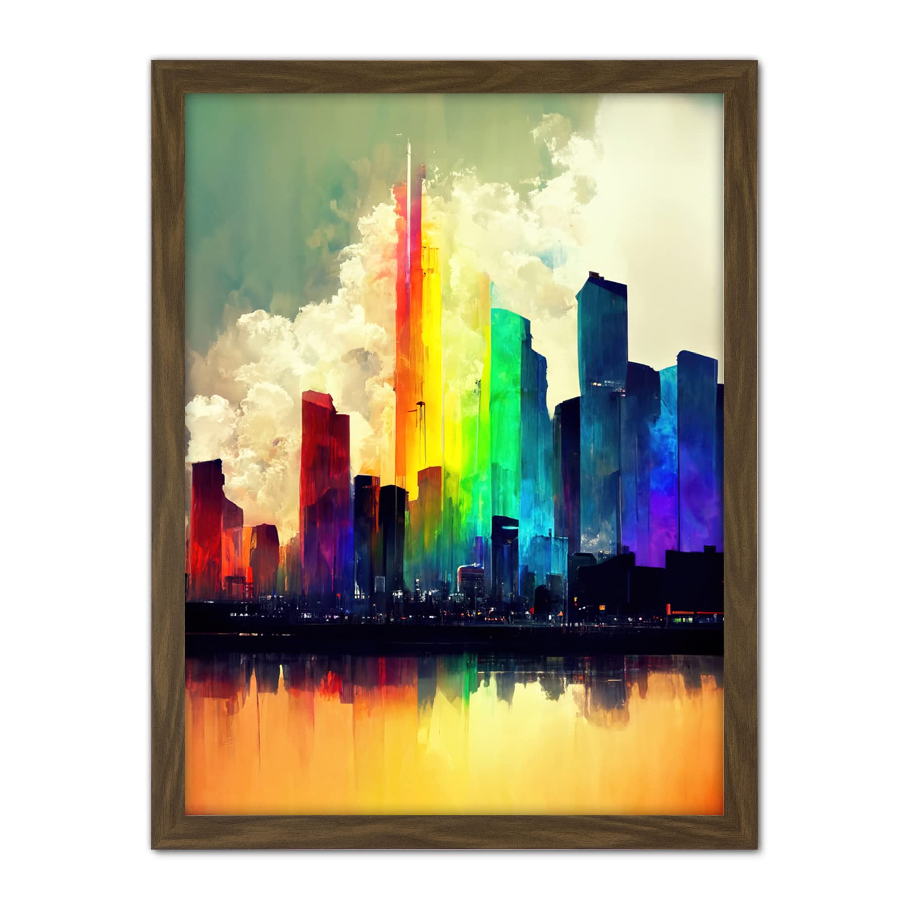 Doppelganger33 LTD Glass City of Rainbow Reflections Cityscape Artwork Framed Wall Art Print 18X24 inch