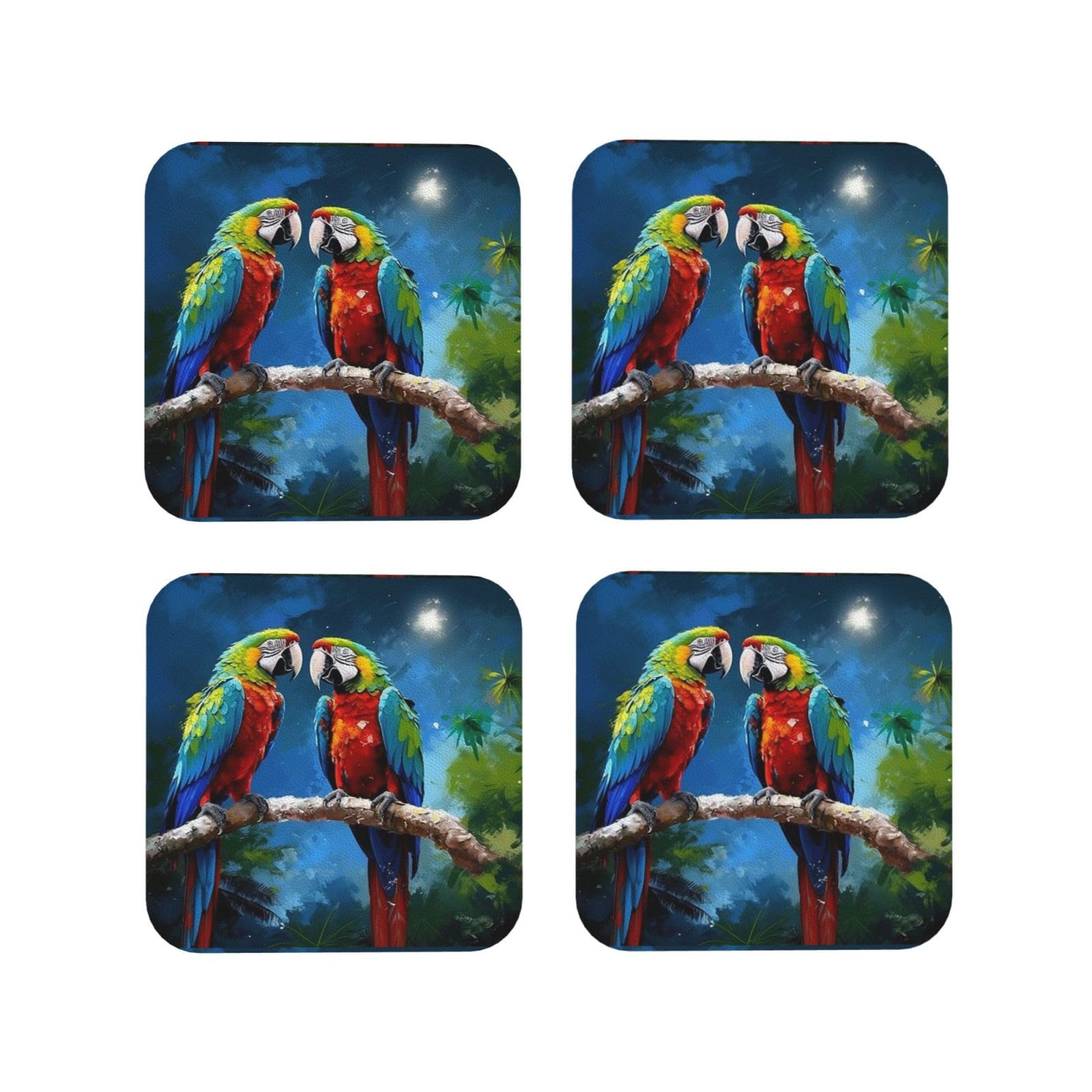 4Pcs PU Leather Coaster for Drinks, Parrots Cup Coastersr 4" Cup Mat Pad, Aesthetic Drink Coasters for Coffee Table, Square Coaster for Tabletop Protection