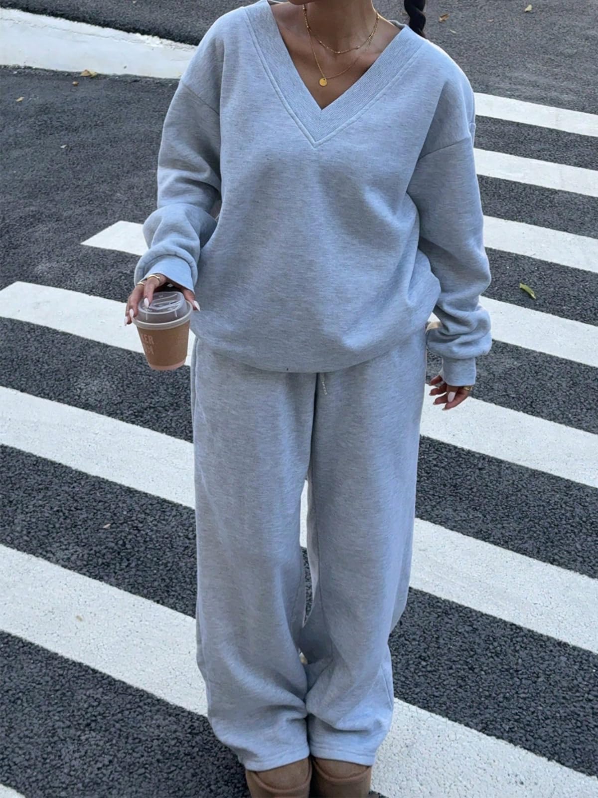 Conjunto de 2 piezas para mujer, sudadera de manga larga, pantalones de pierna ancha con bolsillos, chándal y ropa de descanso — view 3