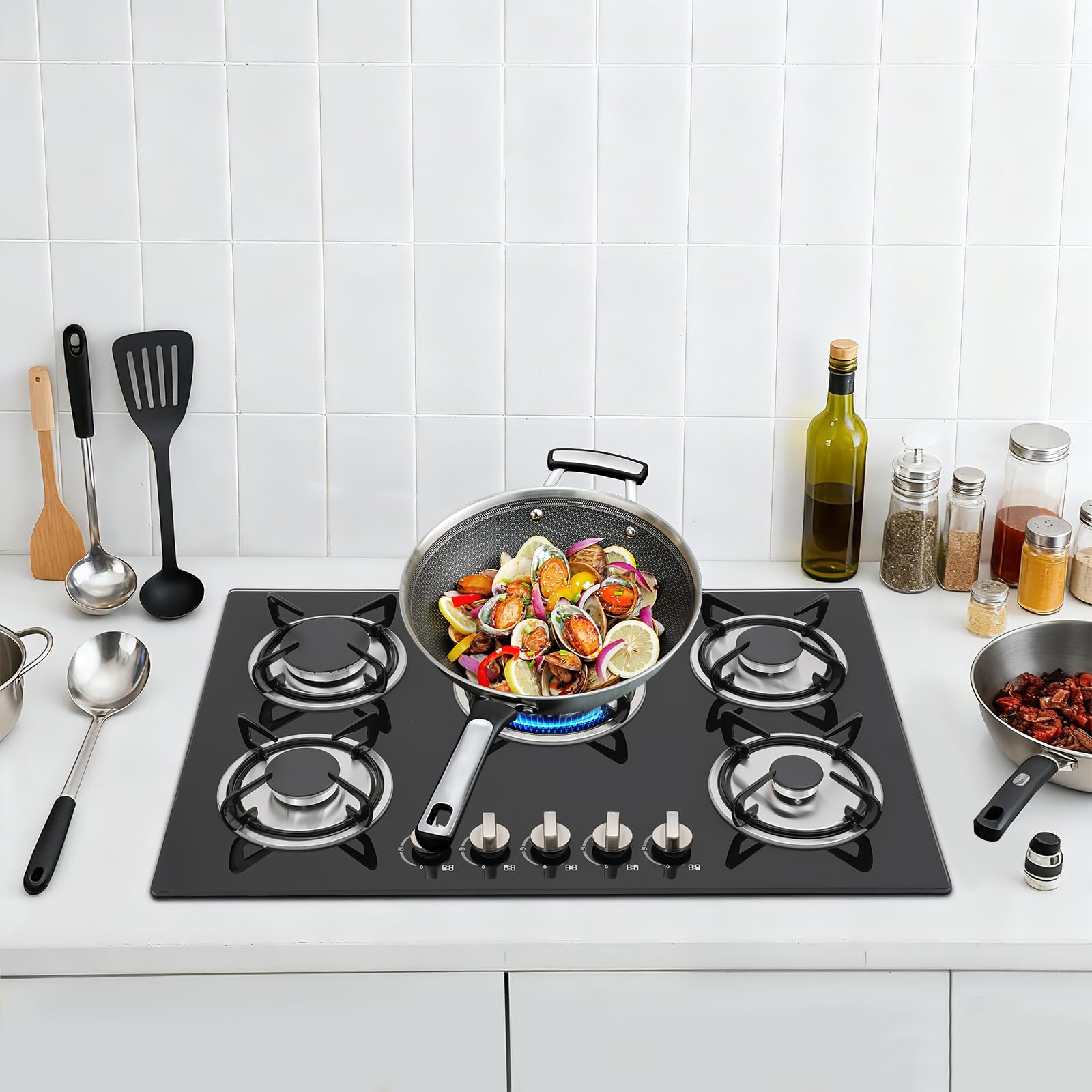 Kuchenka gazowa z 5 palnikami, wbudowana do gazu naturalnego, szkła hartowanego, rusztów emaliowanych porcelanowych, zapłonu akumulatora, podwójny wlot powietrza 20 mm, płyta gazowa do zabudowy 77 x