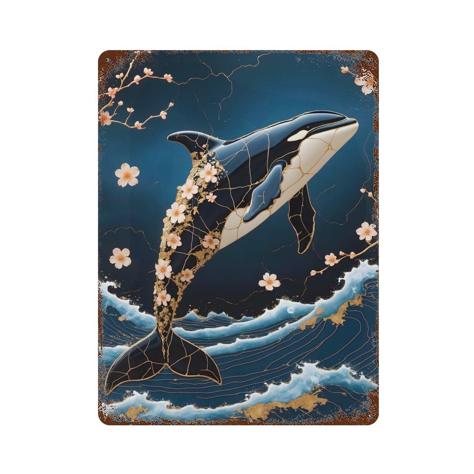 Orca Kintsugi Art Rustic Tin Plaque 15.7"x11.8", for Shed, Workshop And Garage Wall Decor, Farmhouse Wall Decor