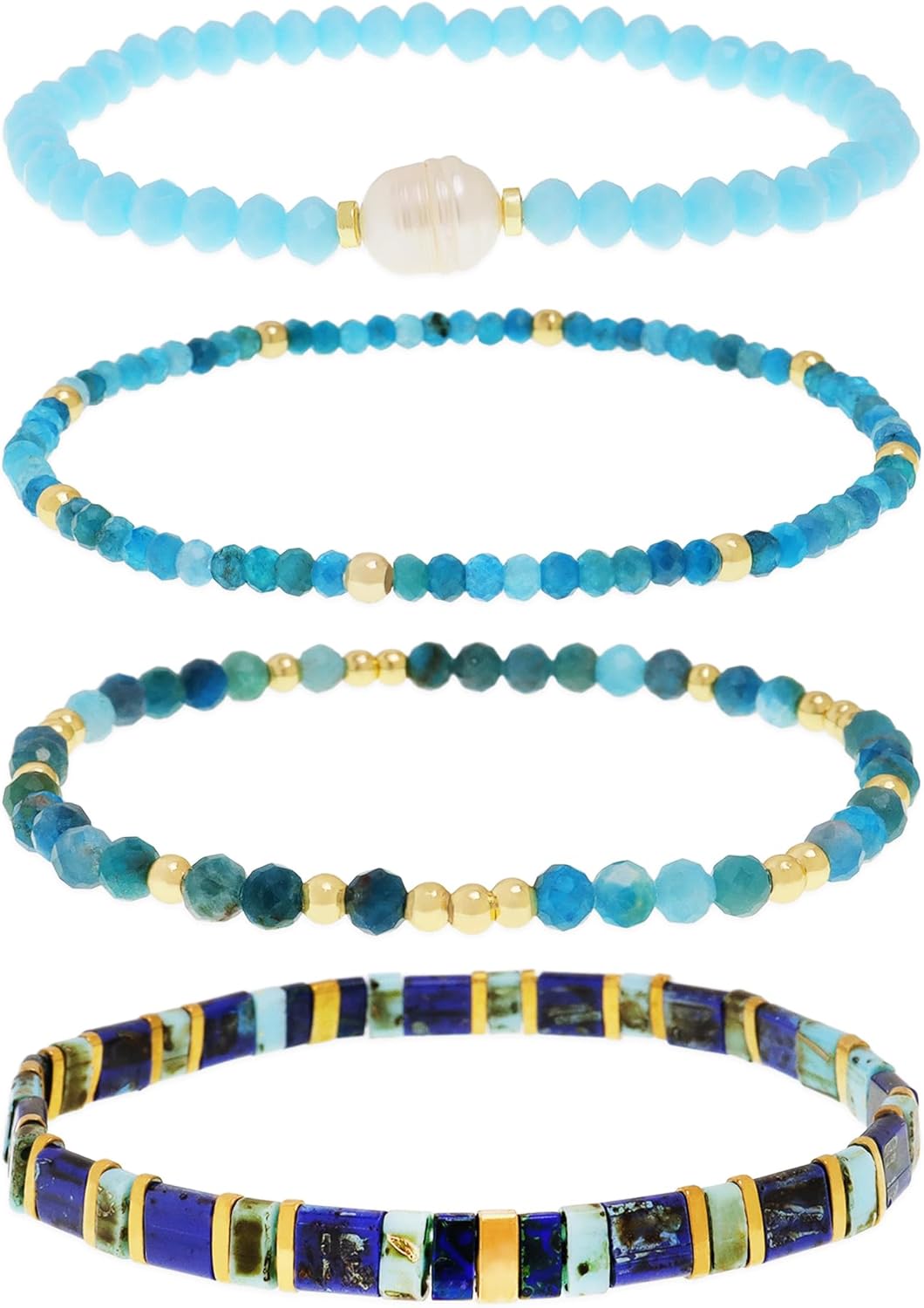 Tila Flat Beads Gemstone Stack Bracelets Set for Women, Boho Handmade Stackable Friendship Stretch Festive Holiday Accessories Jewelry Gift.