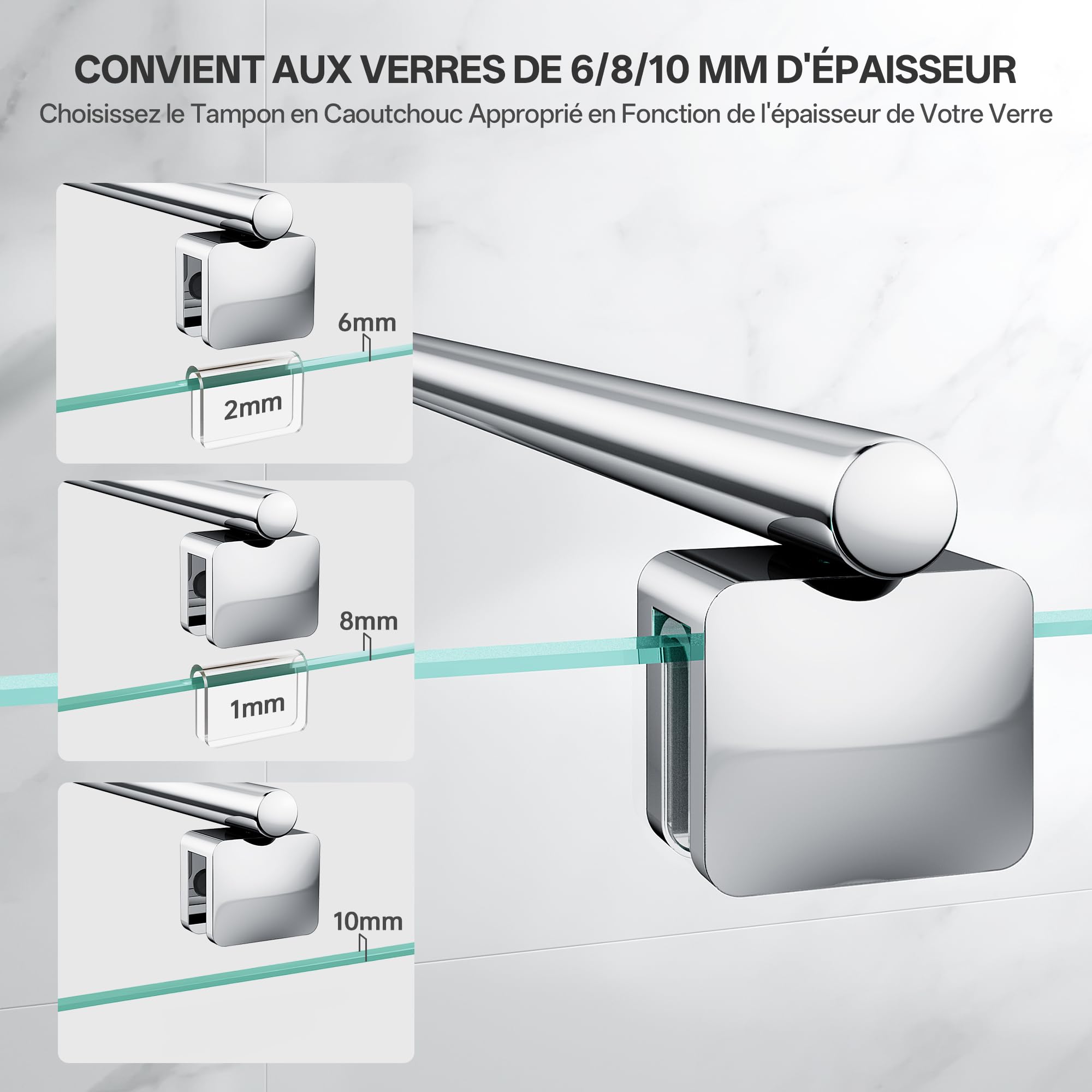 Barre de soutien murale télescopique pour paroi de douche, inox, réglable de 66,5 à 125,8 cm (du mur au bord intérieur du verre), compatible verre 6-10 mm, chromé