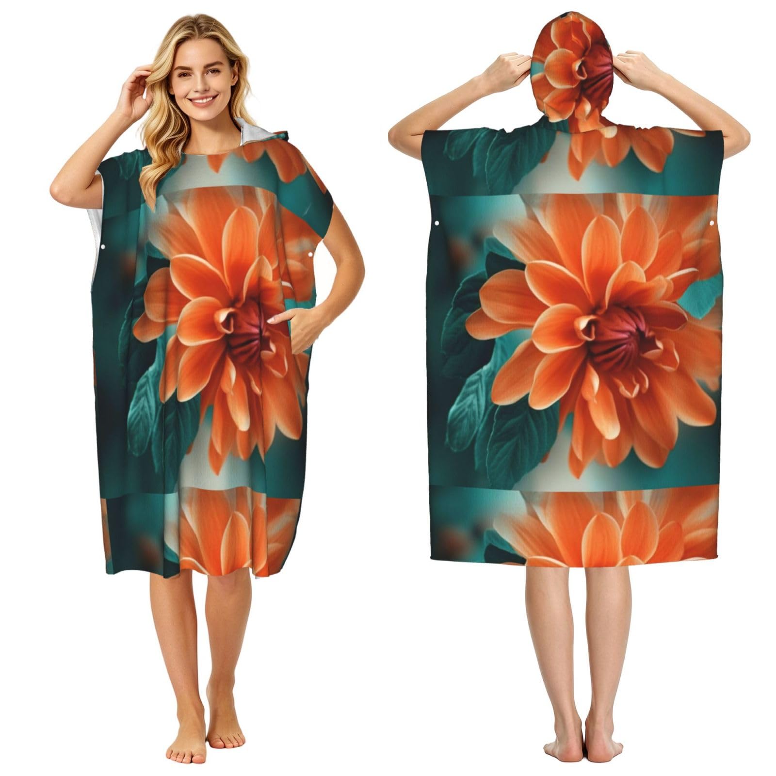 Poadnly Teal And Orange Flower, Adult Hooded Beach Towel 90 x 110 cm,Changing Bath Robe, Surf Poncho Towel For Women Men
