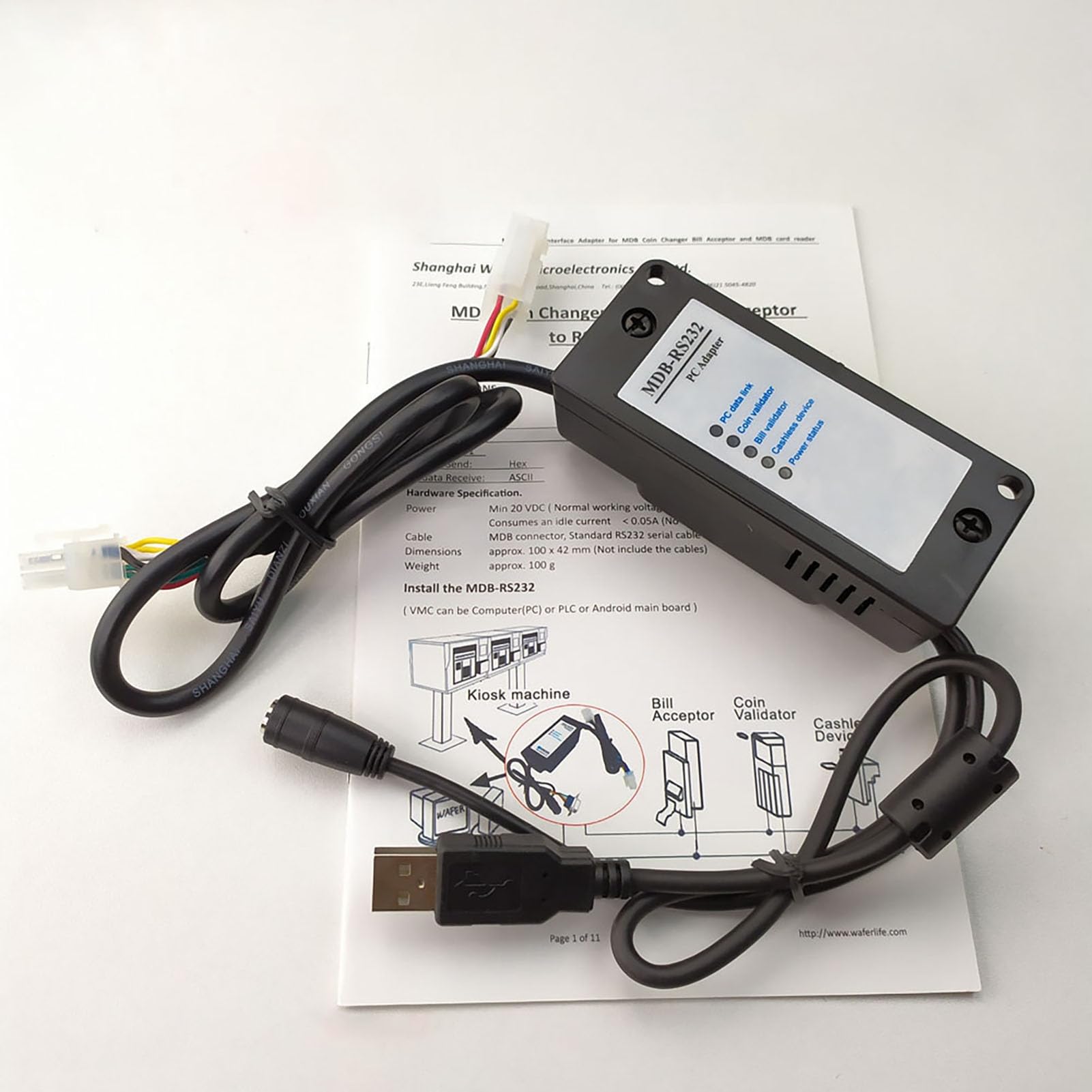 MDB Adapter MDB-RS232 MDB Coin Validator Einfache Installation Präziser serieller Rechnungsakzeptor Adapter mit Kontrollleuchte für bargeldlose Geräte MDB MDB Adapter Box