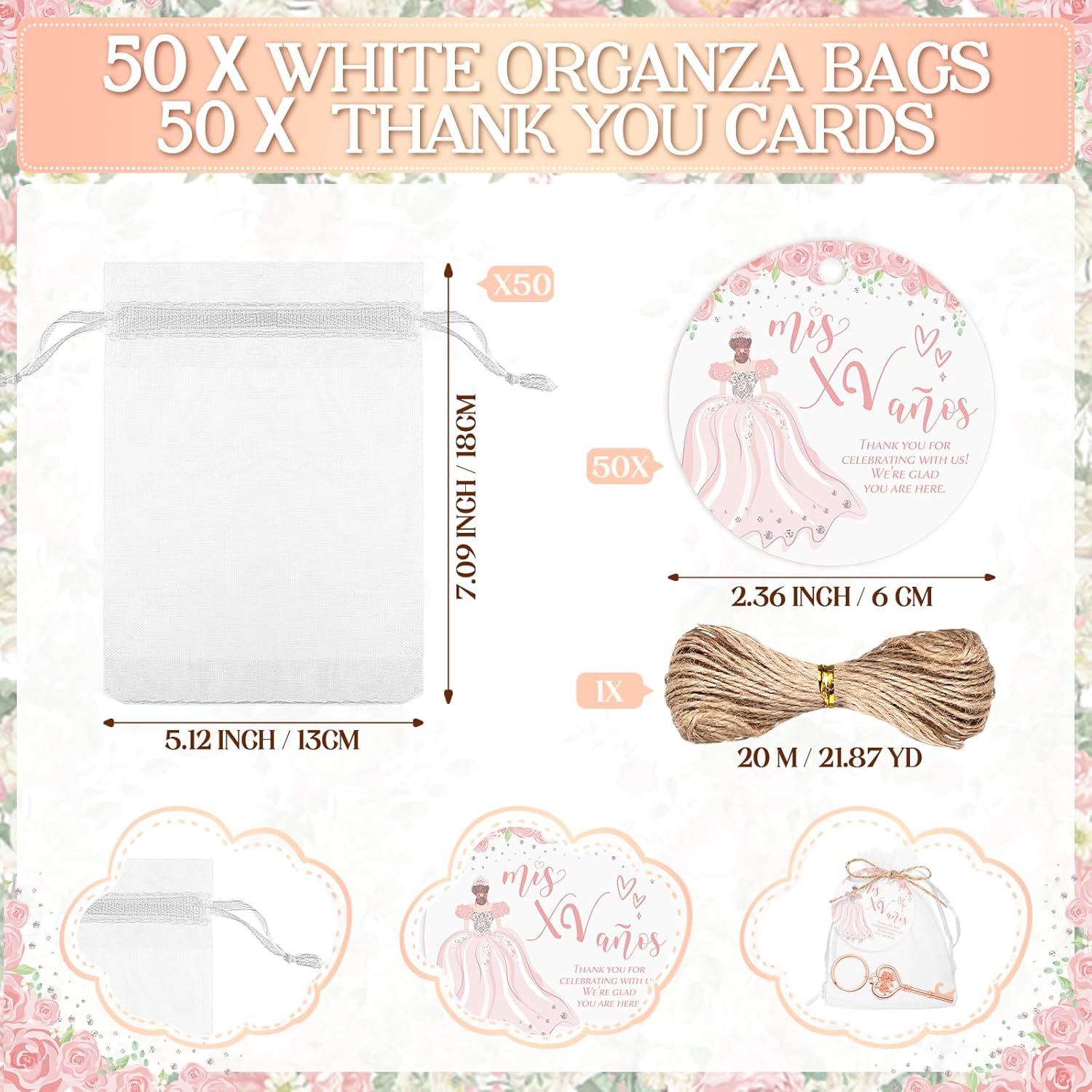 Landical 50 Sets Quinceanera Party Favors for Guests Rose Bottle Opener Flower Bottle Opener Keychain with Thank You Cards Organza Bags Quinceanera Gifts for Sweet 15 Birthday Party Favors