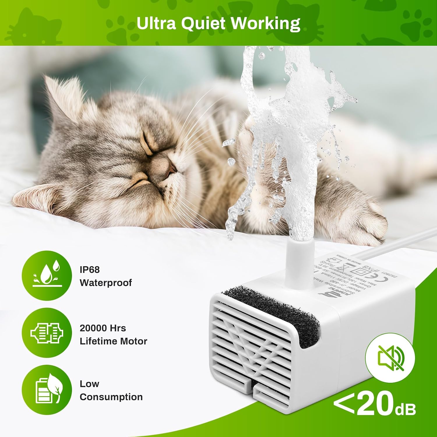Cat Water Fountain Pump, Ultra Quiet JY-830 Replacement Pump for Stainless Steel Pet Fountain, Replacement USB Motor for Indoor Cat Water Drinking Dispenser, 4.92ft Cable, Long Lifespan