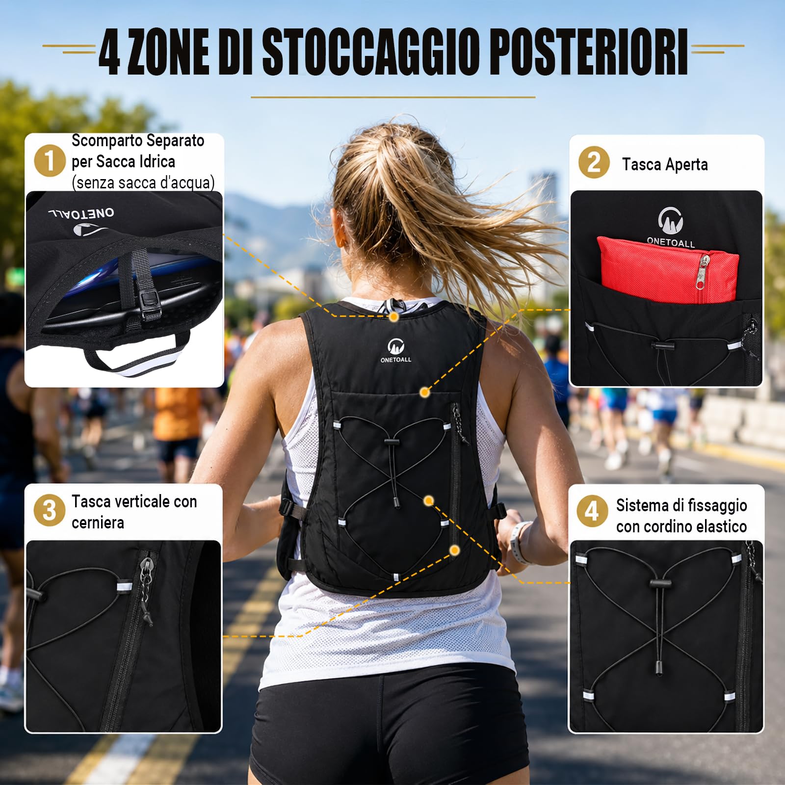 Gilet Running Uomo Donna, Zaino Trail Running, Running Vest con 2X Borraccia Morbida 500ml y Luce LED Ricaricabile, Gilet Corsa Leggero per Ultrarunning Jogging Marathon Trekking Ciclismo