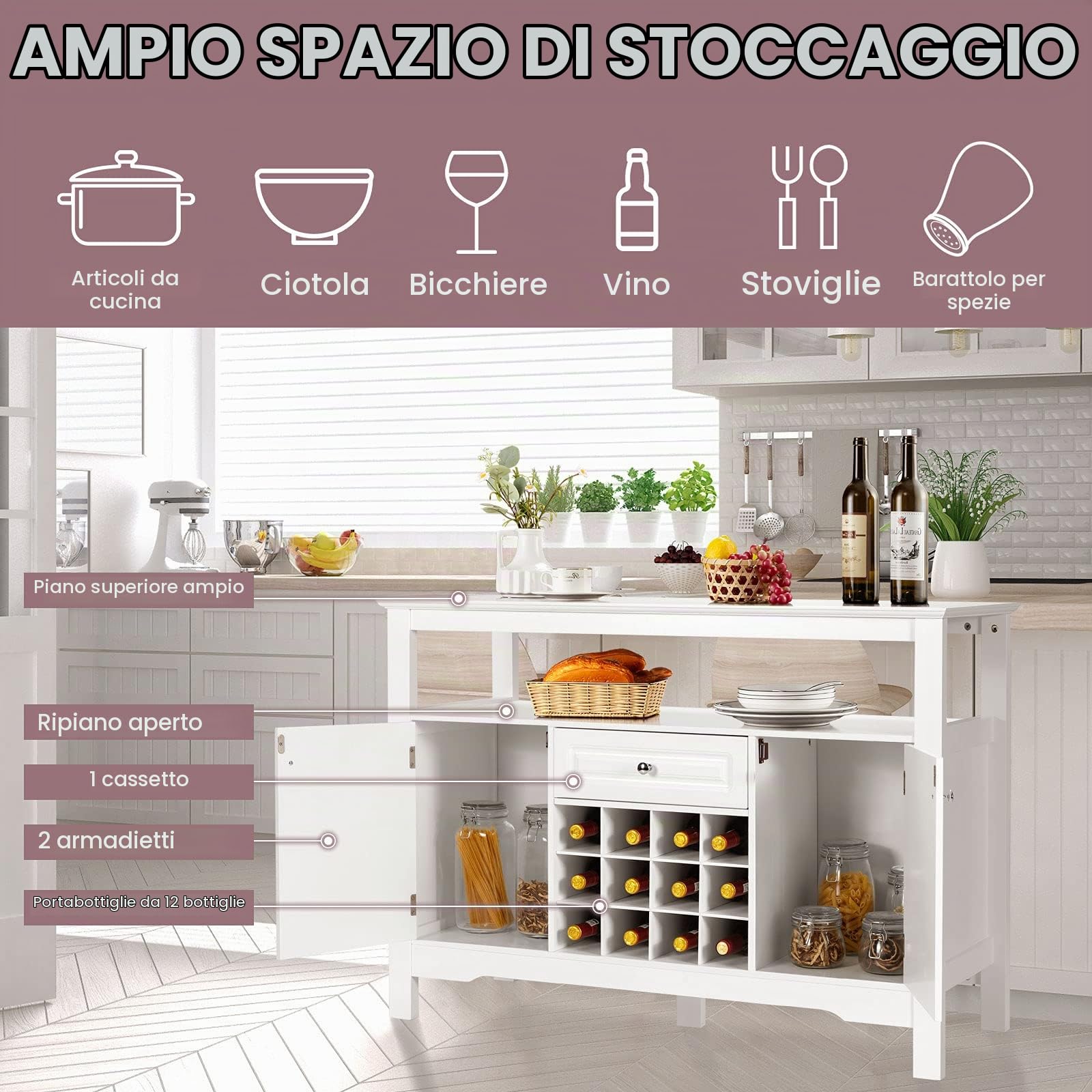 GIANTEX Tavolo Portabottiglie, 2 Ripiani, 12 Bottiglie, Cantinetta con 1 Cassetto e 2 Ante, Portabottiglie per Conservare ed Esporre il Vino, 116x40x82cm, 3 Colori (bianco)