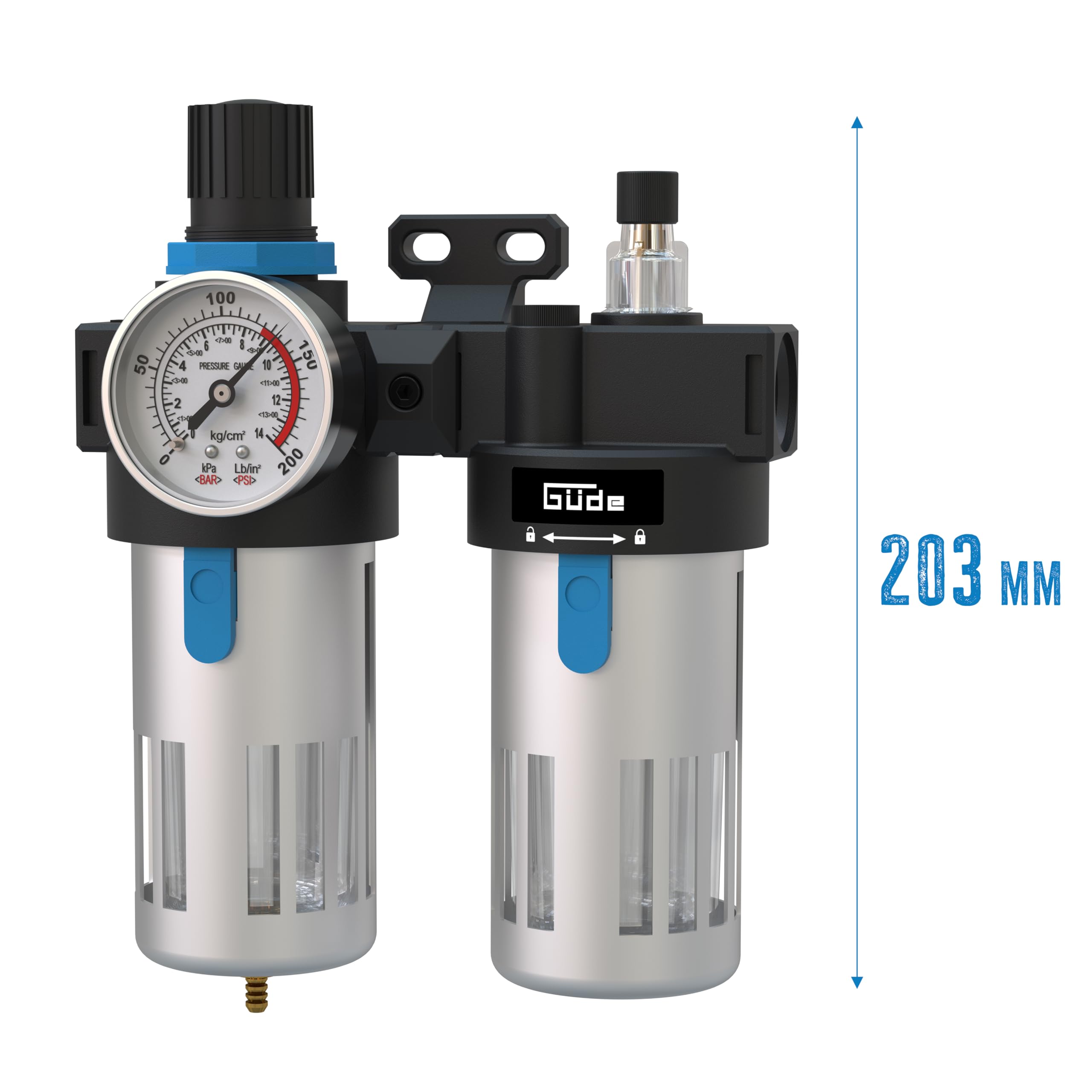 Güde Wartungseinheit 1/2 (Anschlussgewinde IG 1/2", max. Arbeitsdruck 10 bar, Anbau an einen Kompressor, Arbeitsdruckeinstellung, reinigt, filtert & ölt die Druckluft, inkl. Ablassventil & Manometer)