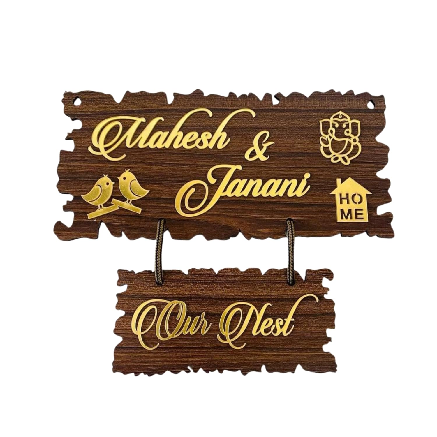 Wooden Name Plate for Home House Outdoor Designer Door Plates for Flat, Bungalow & Apartment with Golden Color Acrylic Embossed Letters with Mirror Shine (13 x 12 inch, Brown)-image-17