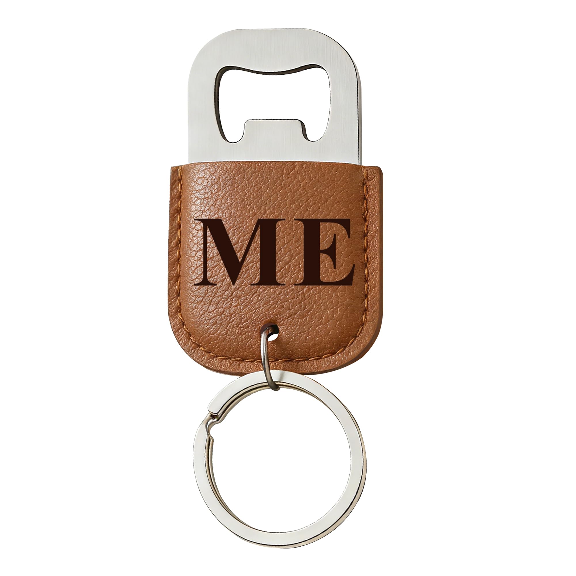 EDSG Personalised Bottle Opener Keyring, Stainless Steel & Leather Bottle Opener, Birthday Christmas Valentines Gifts for Him Husband Boyfriend, Wedding Best Man Groomsmen Gift (Brown, Design 3)